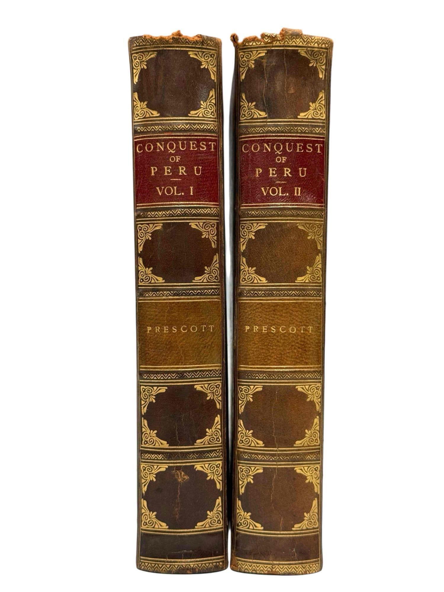 Conquest of Peru Volumes I and II by William H. Prescott Hardback Books: History of the Conquest of Peru with the preliminary view of the Civilization of the Incas volumes 1&2 by William H Prescott. Measuring approx. 7.75" tall, bound in leather. In good age appropriat