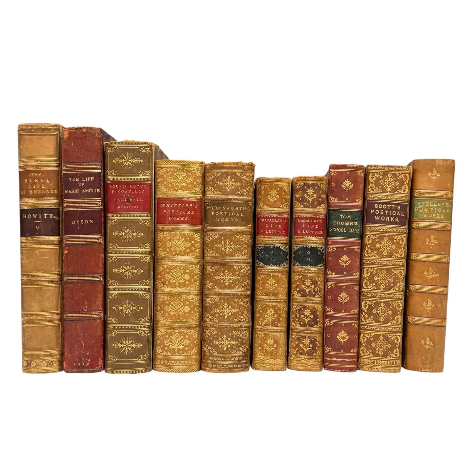 Ten (10) Assorted Books Mid 19th to Early 20th Century: A collection of ten books as old as the mid 19th century up to the early 20th century. Publishers of the books include Oxford Press, MacMillian & Co, Longman's Green & Co and others. Book bind