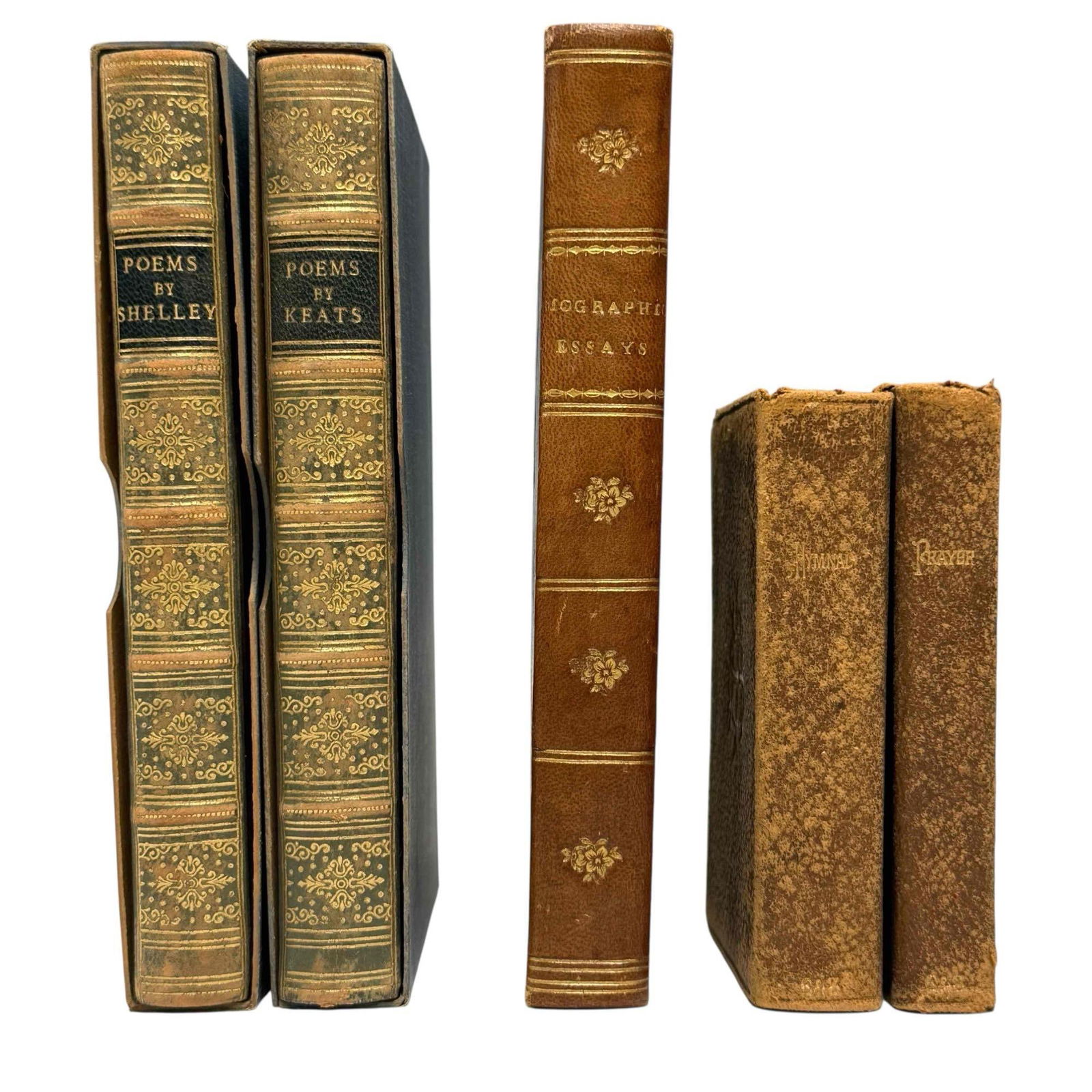 Hardback & Leather Bound 19th Century Books (4): 1892 "The Hymnal" prayer pocket book 4" tall, 1893 "Common Prayer" pocket book 4" tall, 1857 Biographical Essays by Thomas Babington Macaulay 6.25" tall, "Poems by Percy Bysshe Shelley" & "Poems b