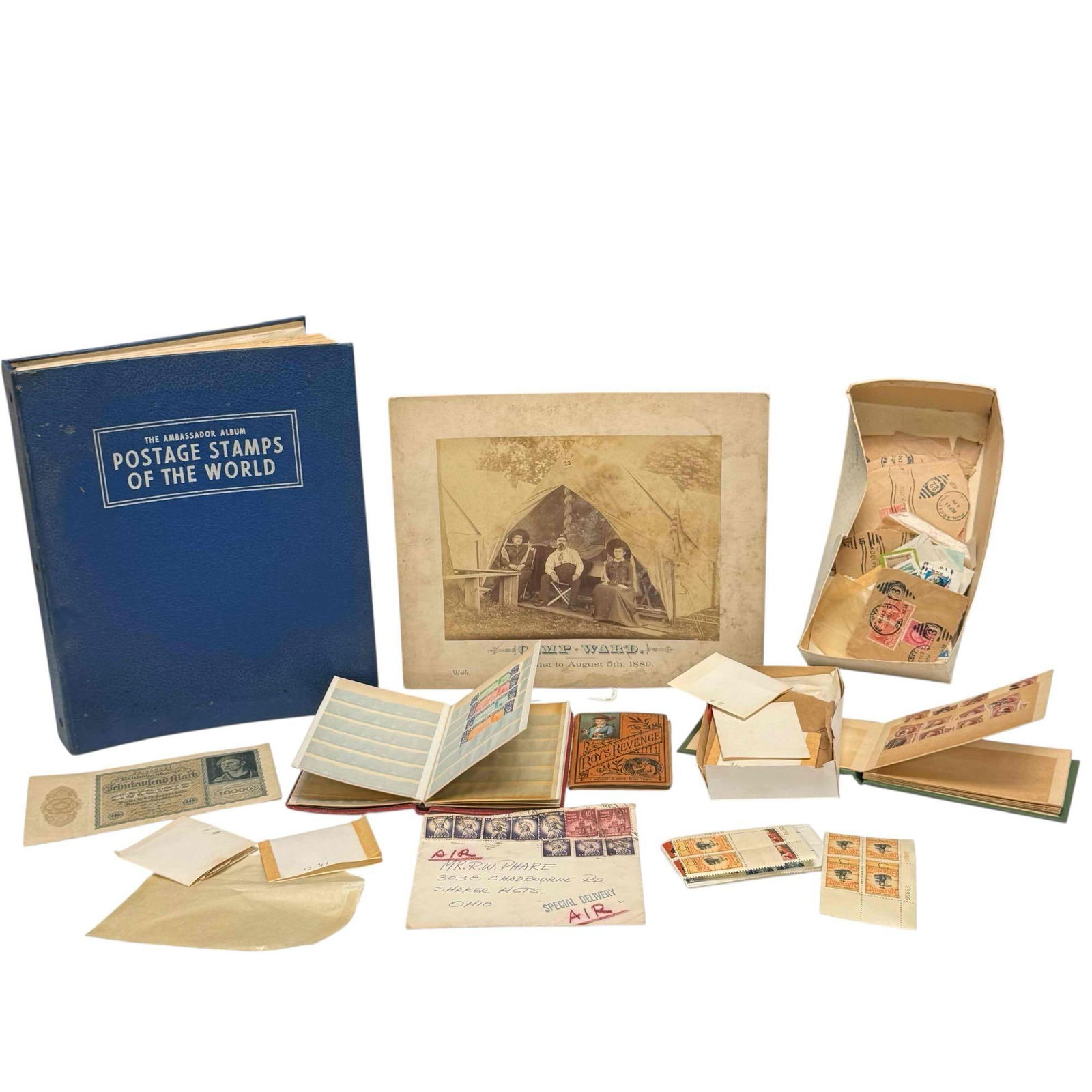 Stamp Collection and Camp Ward 1889 Photo: Collection of various denomination mostly U.S. stamps, "Vampire Note" German 10,000 Mark Reichsbank note and 1889 Camp Ward cardboard photograph 10" tall by 12" wide. See photos for condition.