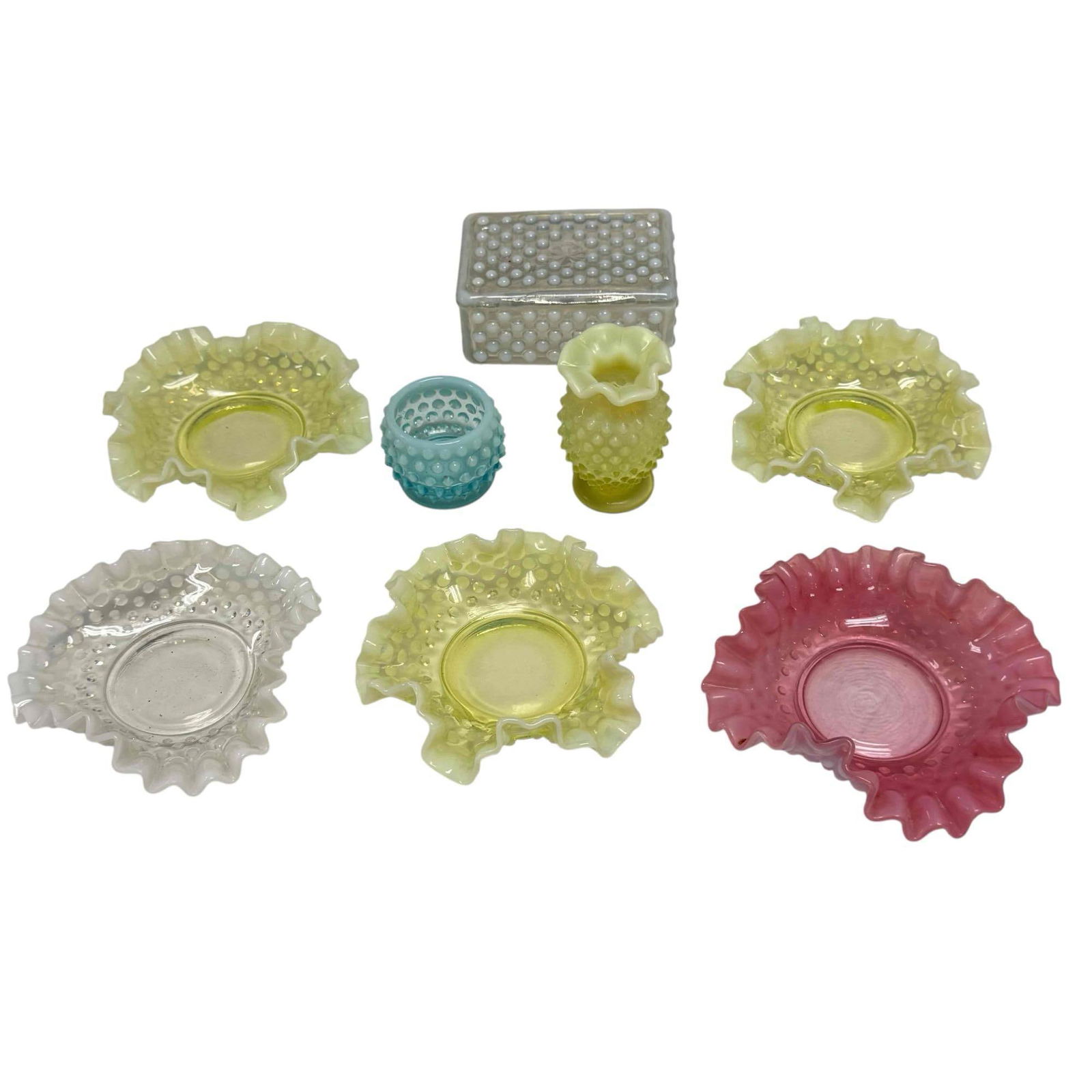 (8) pc Fenton Hobnail Art Glass Group - w/ Vaseline Uranium: Including three low matching Vaseline dishes, small 3.5" h vase, cranberry opal ruffled dish, white opal ruffled dish all 6" diameter, a lidded dresser trinket box and small blue pin bowl. All in good