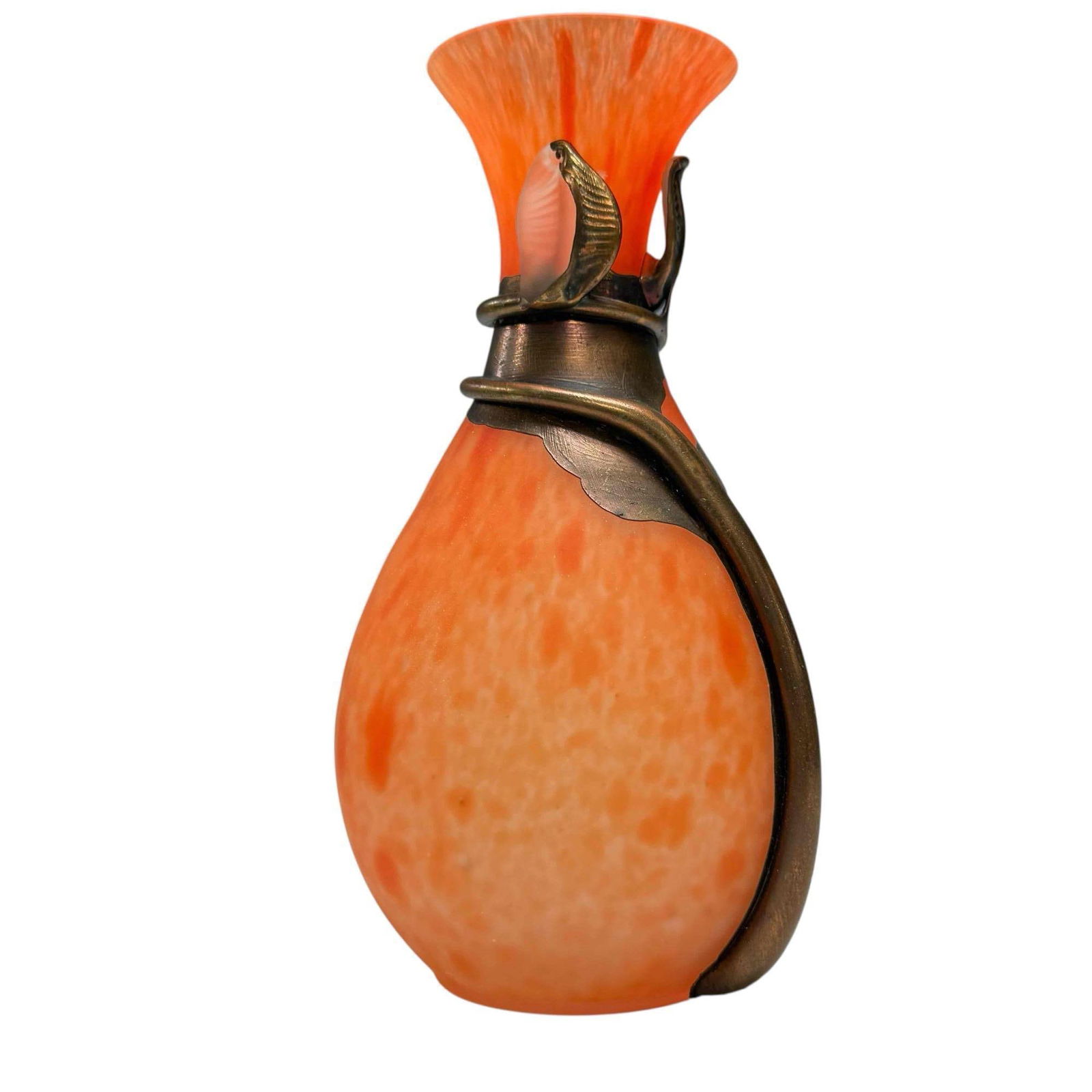 Studio Art Glass Vase: Studio art glass with metal/bronze overlay. Orange, red, and white mottled glass design. Glass vines and leaf pattern running up the case with a metal/bronze overlay. Known for using the electroform t