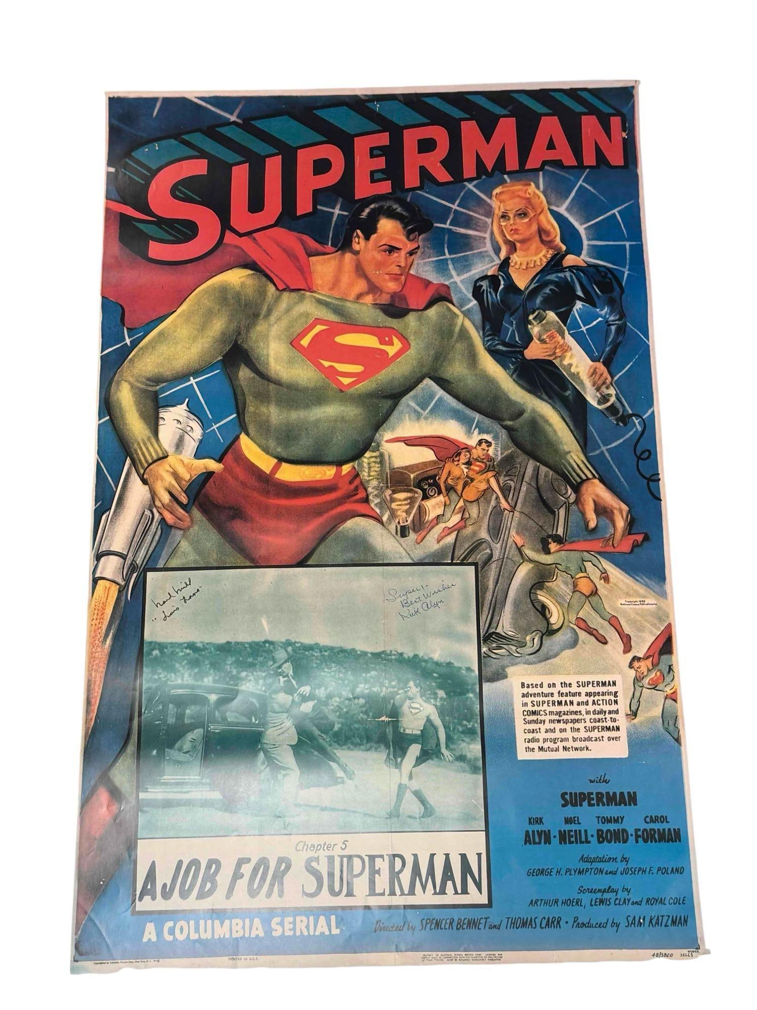 Signed Reproduction poster of 1948 Columbia Serial Films "Superman" Chapter 5: 1948's Superman movie posters. Signed reproduction. This is a reproduction of the original Columbia serial film Superman. This poster was specifically for Chapter 5, "A Job for Superman". Poster is in