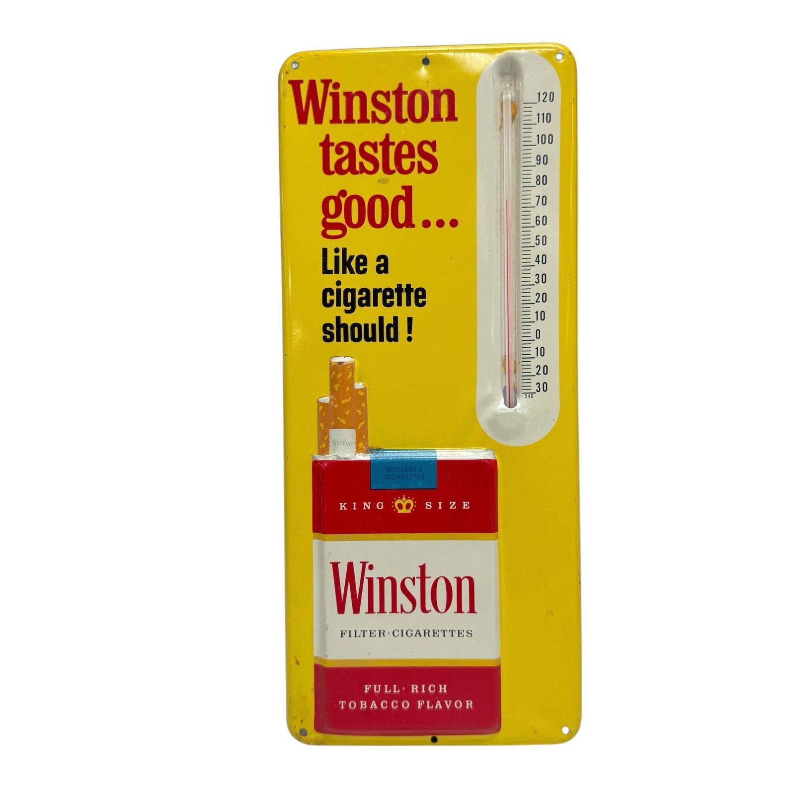 Winston Cigarettes Embossed Tin Advertising Thermometer: 1960's Winston Cigarettes advertising sign. Embossed pack of kind size Winston cigarettes and working glass thermometer. Measures approx 14" x 6". Great condition with some minor rusting along edge, s