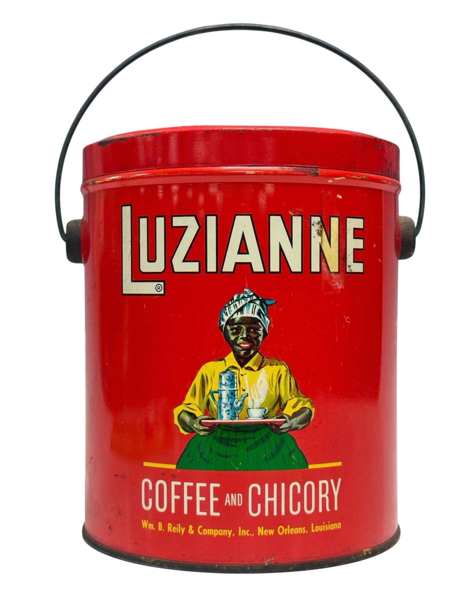 Luzianne Coffee and Chicory Tin Can: Old tin can of Luzianne coffee. Early 20th century, around 1928. Featuring classic red background and brands logo. Mfg. Wm.B. Reily & Company Inc. New Orleans Louisiana. Measures 7.5" x 7". Good c