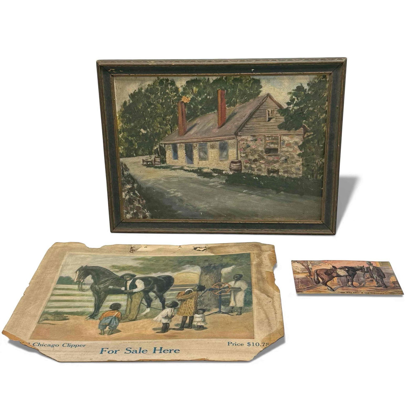 Black Americana Oil on Board and Prints (3): Marjorie D. Martinet (1886-1981) "Old Slaves Quarters" in Gwynns Falls oil on board once displayed at Rockefeller Center New York 11.75" tall by 15.5" wide with .5" nick above chimney, Green River Whi