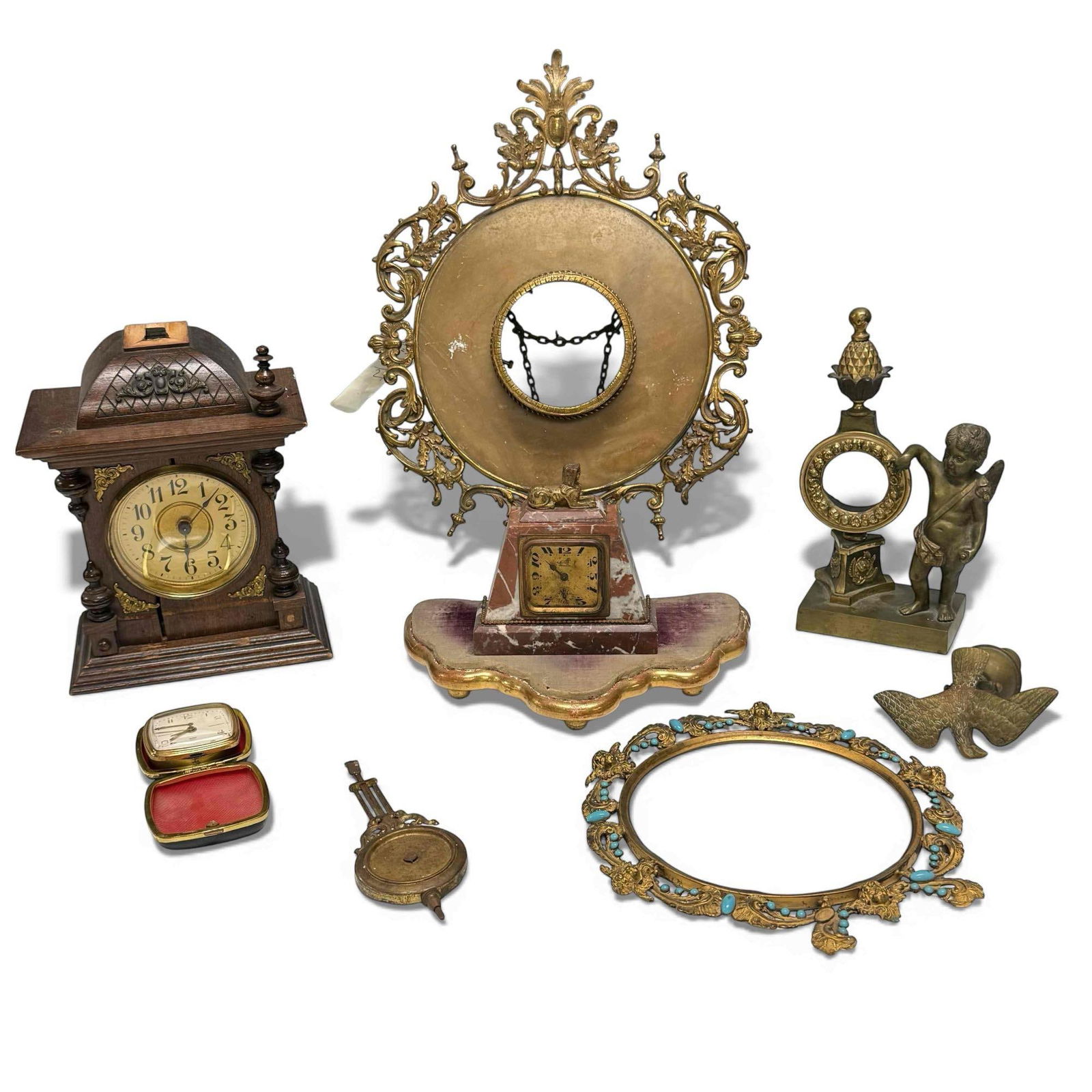 19th to 20th Century Clocks and Clock Related Parts (8): Including; Art Deco French Egyptian Revival marble desk clock with sphinx mounted on top 5" tall, ornate cast brass wall clock body with stone halo and leaf & acorn motif 17" tall 4" clock housing