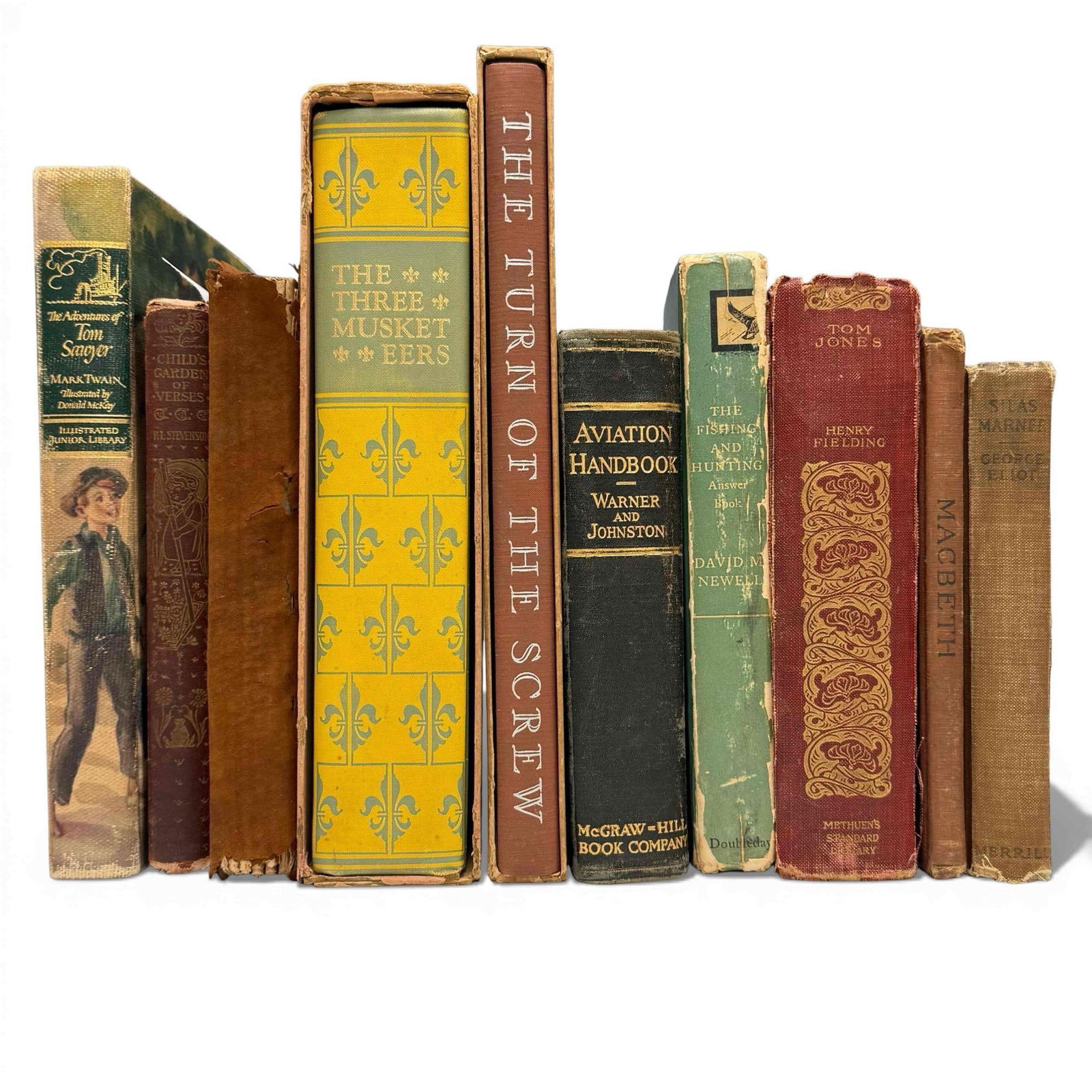 Aviation Fishing Hunting Tom Sawyer and More Books (10): Fishing and hunting answer book, Aviation handbook, Tom Sawyer, Three Musketeers, Macbeth The Turn of the screw, A child's garden of versus, Little Bournens and Silas Marner. Measuring 6.5" to 10.25'