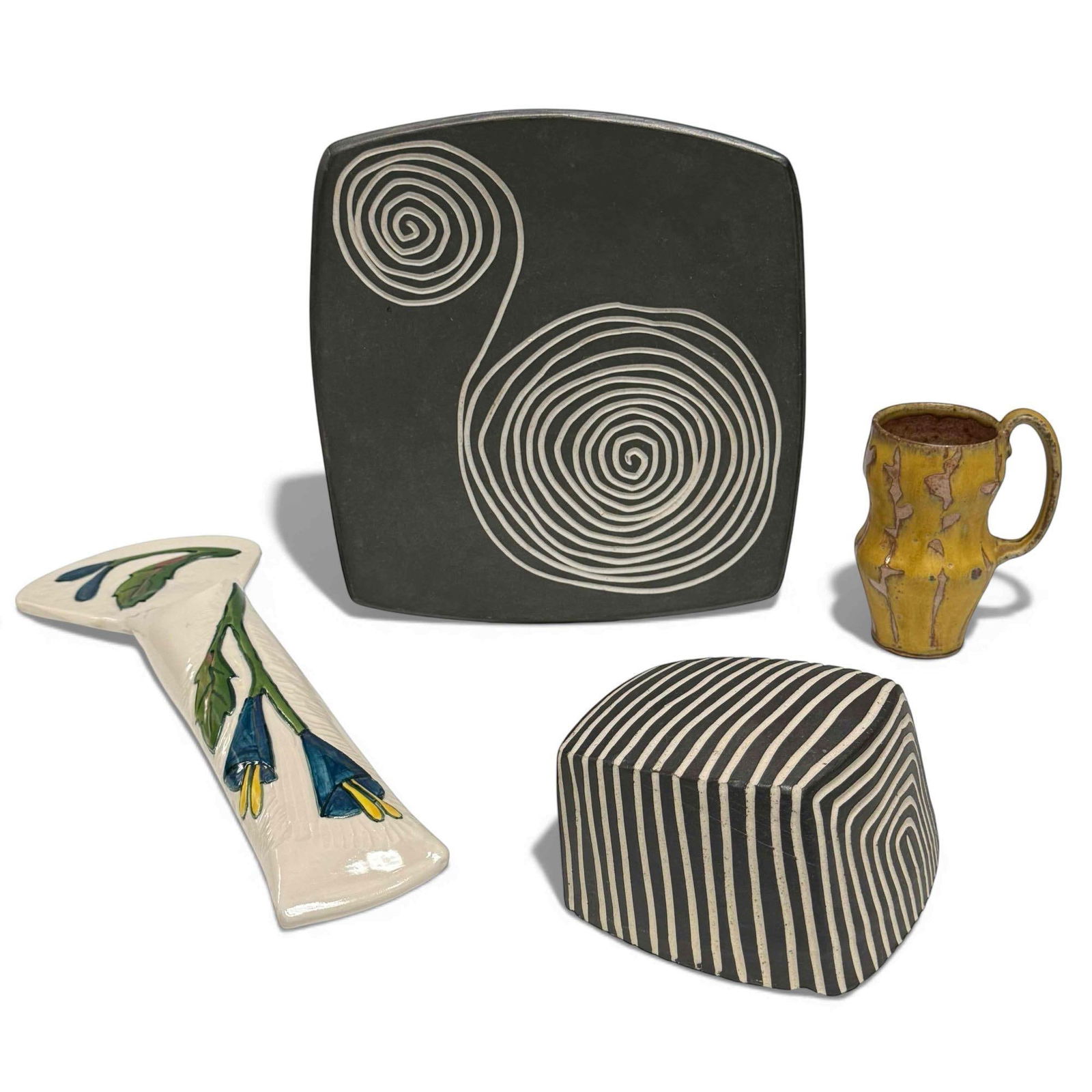 Studio Art Pottery Collection: Collection of handmade studio art pottery by various artists. Large black and white swirl wall hanging platter approx 12" x 12" with matching color door stop or display box piece measuring 4"H x 6.5"