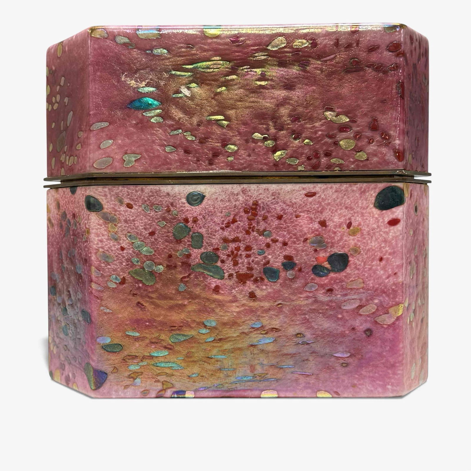 Six Sided Pink Iridescent Glass Casket Box Artist Signed: Attributed to Kyohei Fujita (Japanese, 1921-2004) high quality six sided lidded glass box in Japanese-style lacquer box form, iridescent pink ground, embedded with large pieces of iridescent gold and