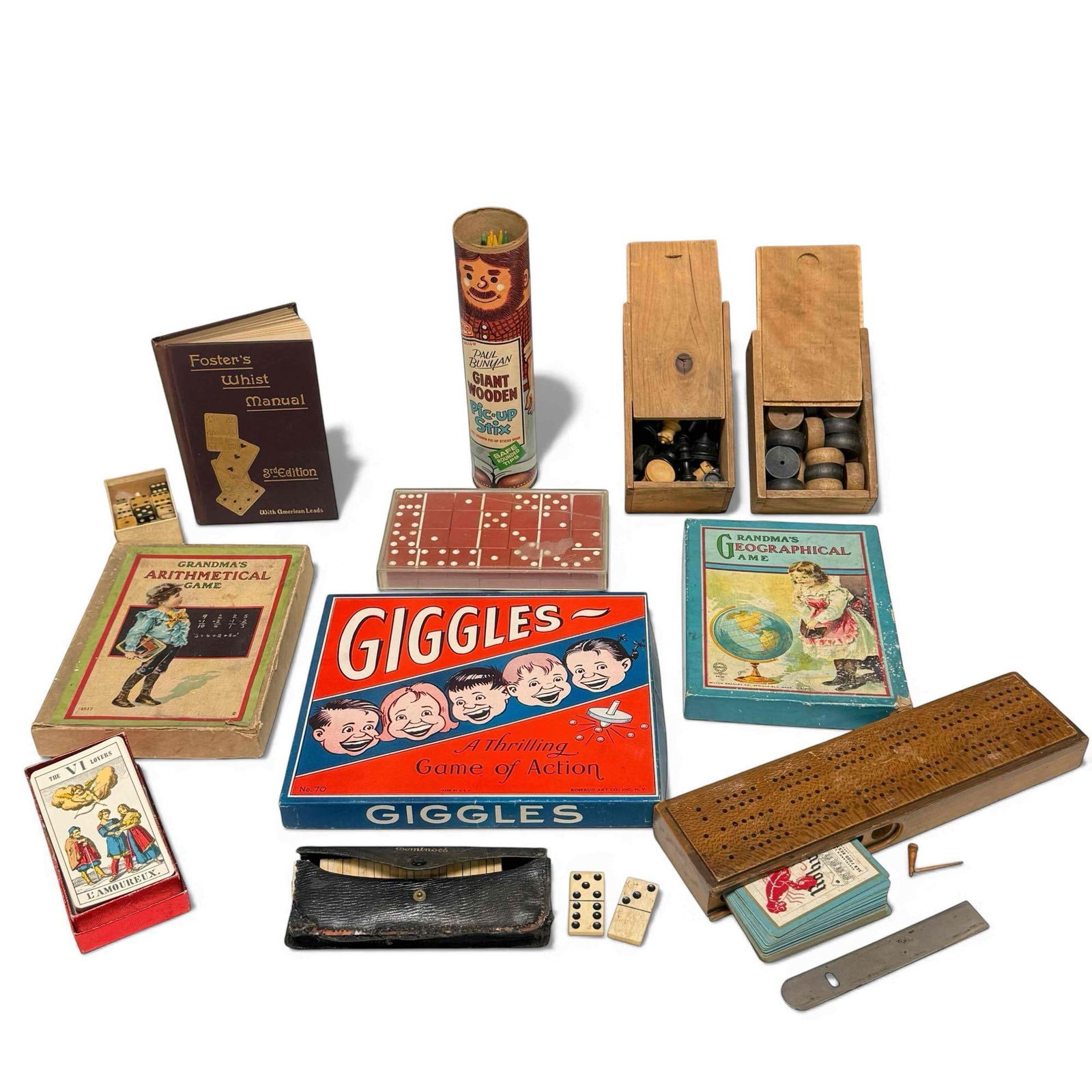 Collectible Lot of Old-Time Games: Collection of old collectible classic games. Paul Bunyan Pic-upStix, Giggles Game of action, vintage dice, cribbage, and more see photos. Games seems to have most or all pieces but unverified see phot