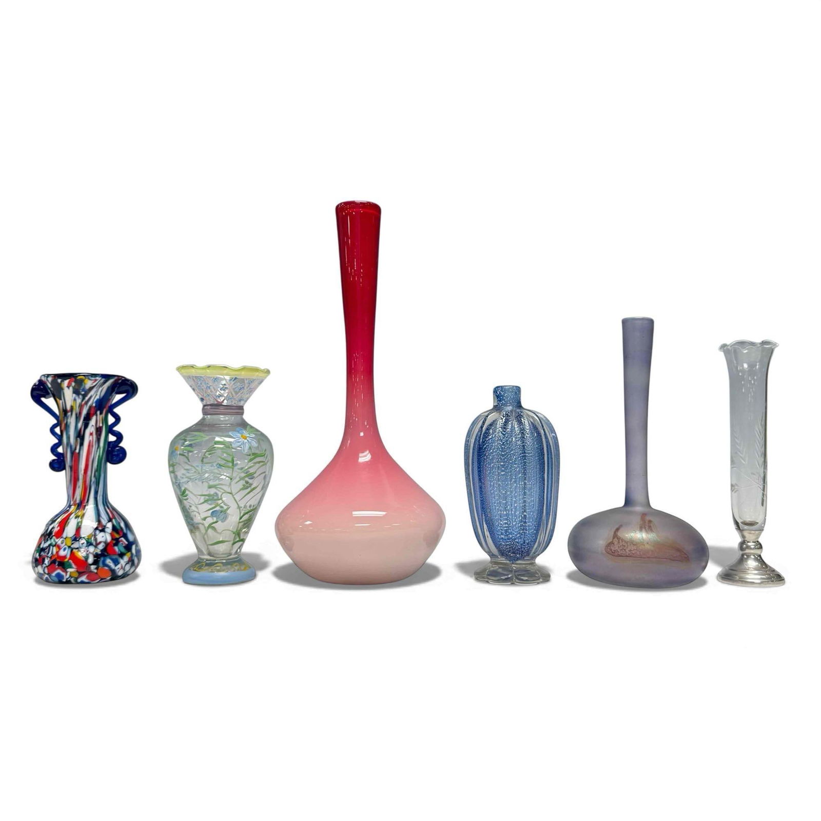 Hand Blown and Czech Art Deco Glass Vase Lot: Collection of glass vases. Czech Art Deco, Peachblown, Tracy Piorter Hand painted floral with ruffle rim. Handblown pieces, Neker Isreal glass, Murano glass and pewter base piece. The tallest is appro