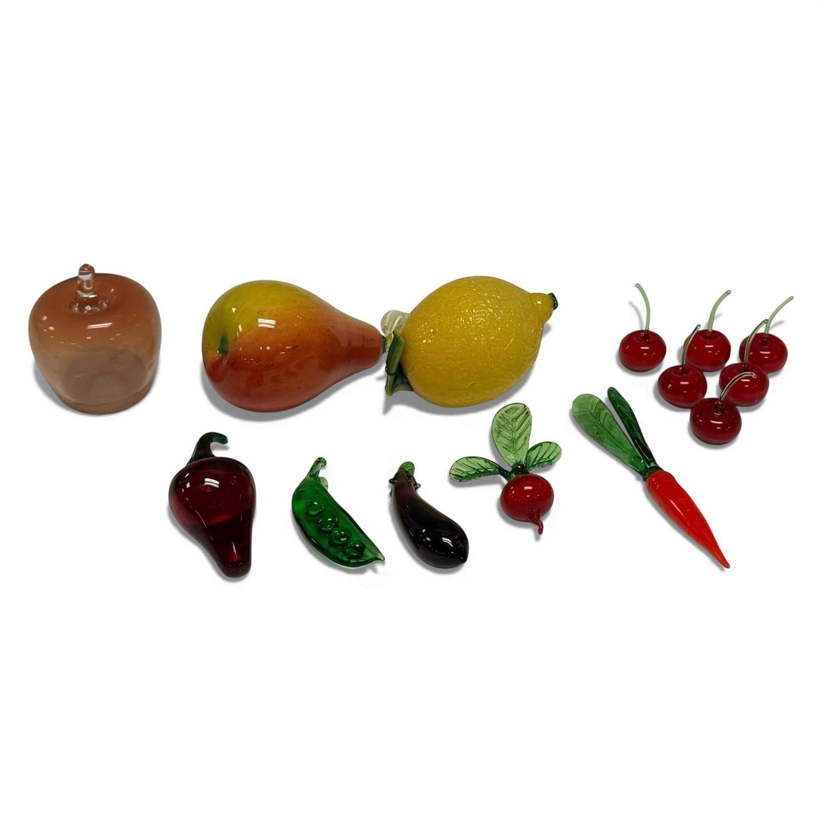 Hand-Blown Glass Fruit Decor: Hand-blown glass fruit table decor. Collection include glass pear, lemon. apple, cherries, radish, pea, carrot. Very cool table pieces. 14 pieces total. The pear does appear to have a possible broken