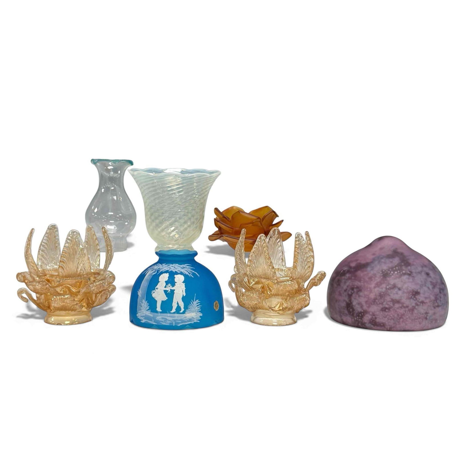 Murano Hand Blown Art Glass Lamp Chandelier Shades (7): Collection of Murano and hand-blown glass lamp or chandelier shades. Pair of Amber-colored with a hand formed floral design. One does have some chipping to the rim and the other has a broken/missing l