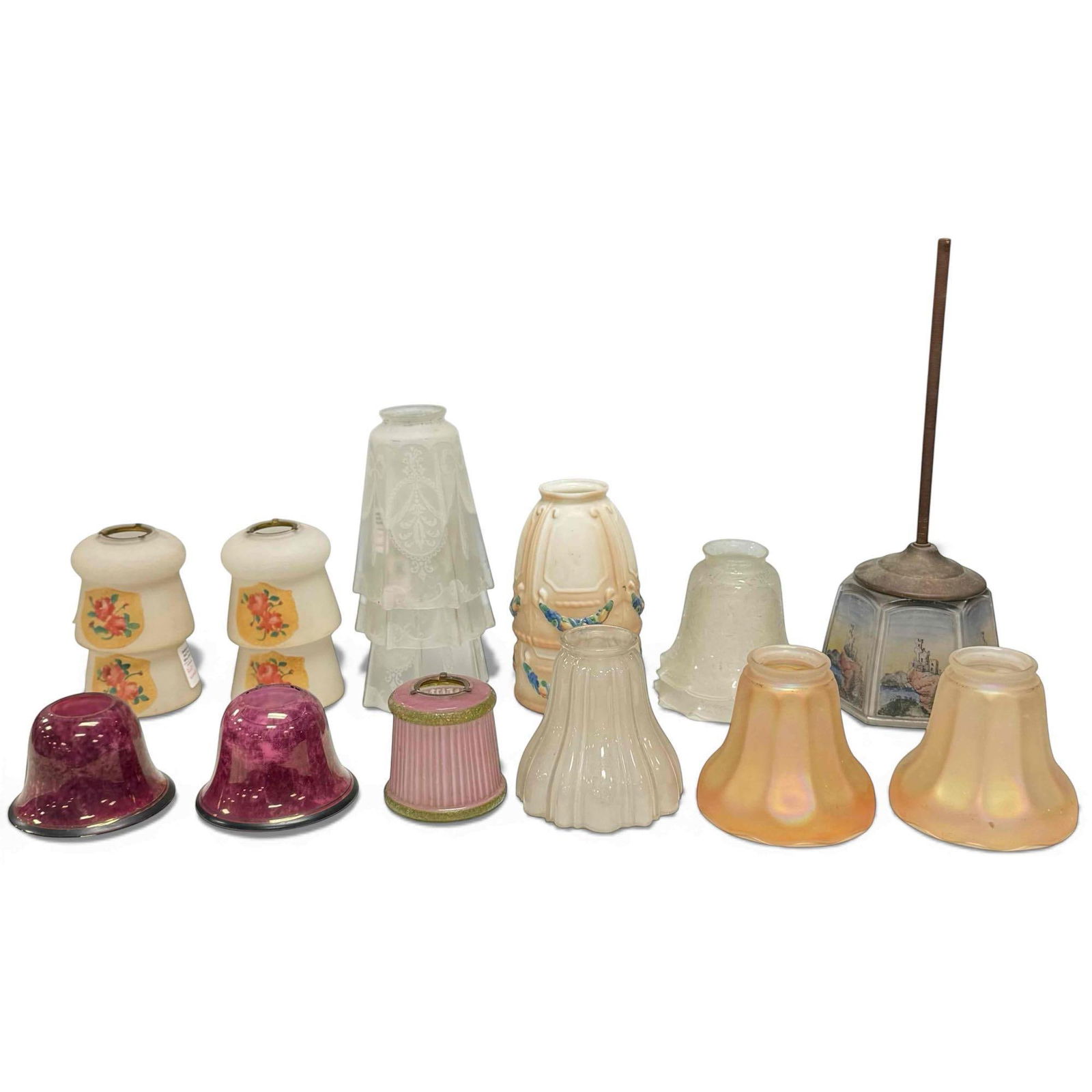 Reverse Painted Etched Iridescent Art Glass Lampshades (18): Art glass lampshade including; three etched frost glass pleated shades with ribbon and foliage decor 6.25" tall 2' fitting, two scalloped bell form frost to clear floral decor 4.5" tall 2" fitting, si