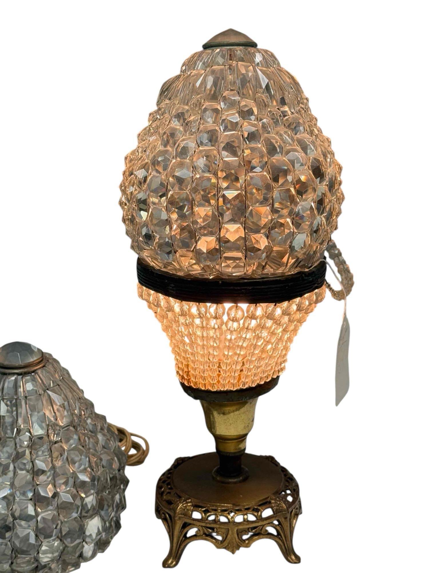 Czech Beaded Glass Fruit Basket Lamp w/2 Crystal Prism Shades: Czech beaded glass fruit basket brass base table lamp. Glass beaded basket shape with handle and brass Victorian style base. Stands 9" tall by 6" wide age-appropriate condition. Included in lot are 2