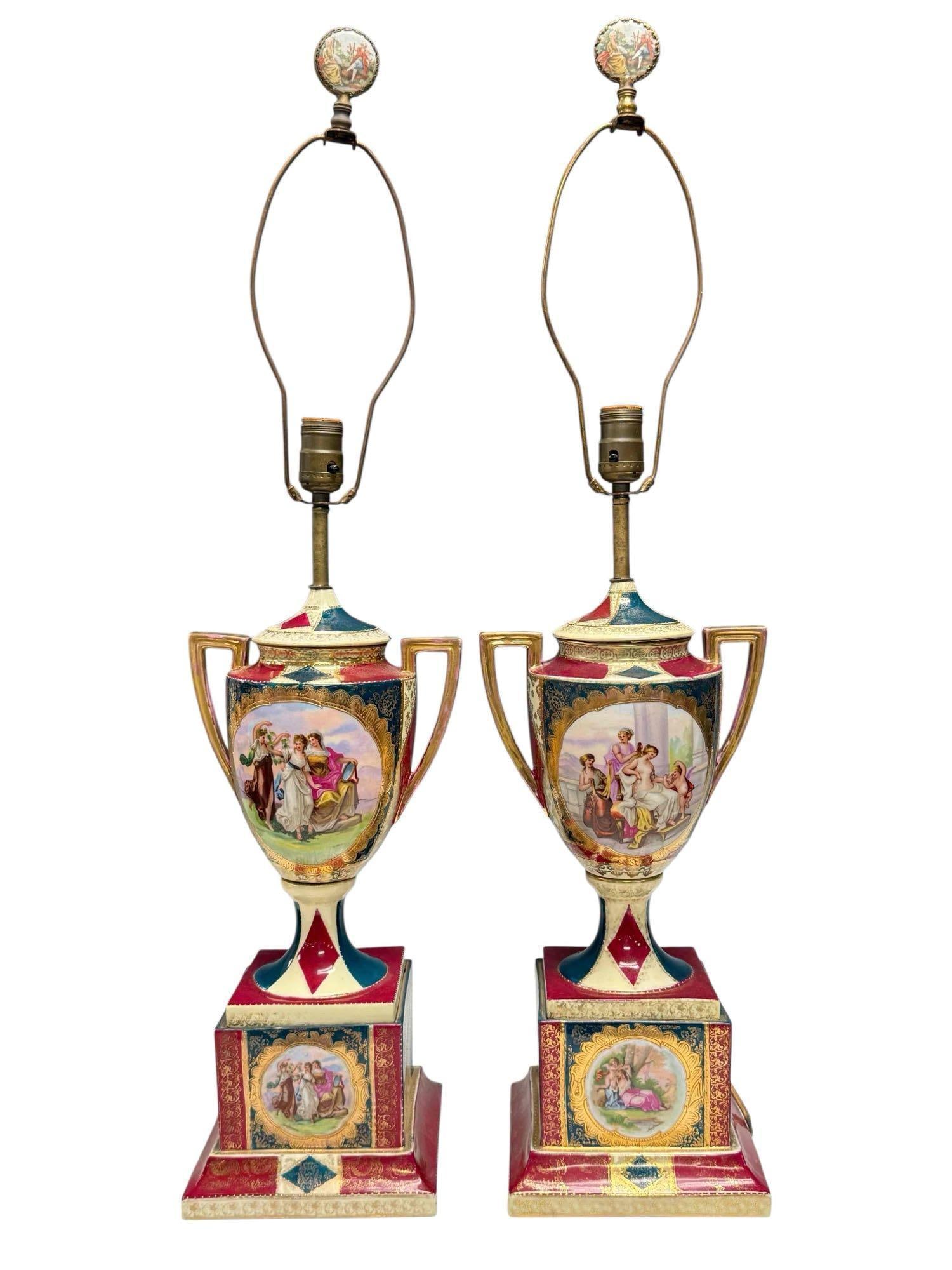 Royal Vienna Style Porcelain Urn Form Figural Lamps (2) (1 of 20)