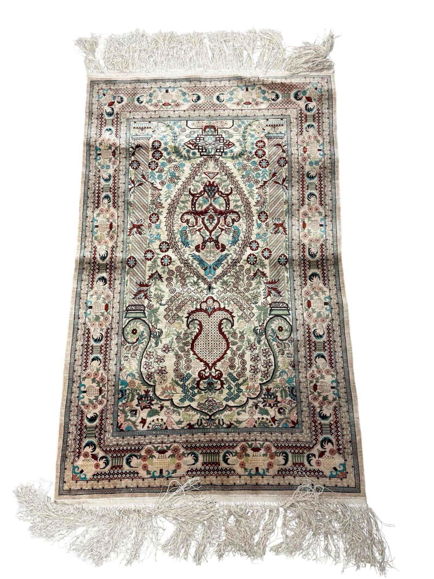 Silk Center Medallion Fringed Throw Rug: Measuring approx 57" (including fringe) x 29" w x 1" thick. Great vibrant colors, very good condition, smoke and pet free home, no issues, see photos