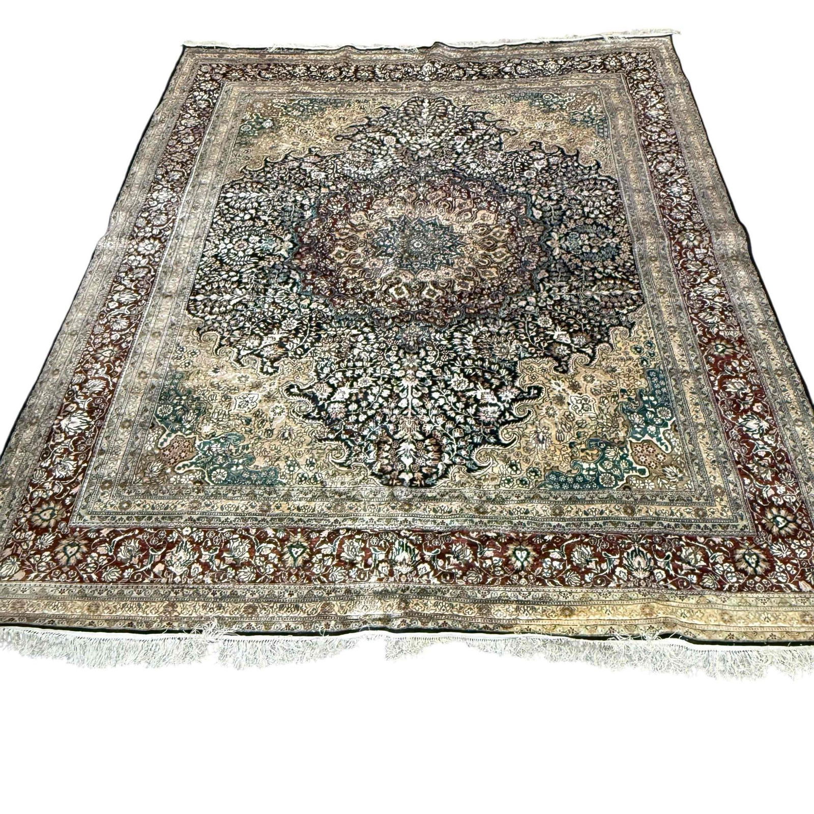 Silk and Wool Kashmiri Room Size Carpet / Rug 8ft x 10ft: Very fine and well presented area rug in woven silk and wool. very good condition, smoke and pet free home, no issues, see photos. Measuring approx 8ft x 10ft (without fringe)