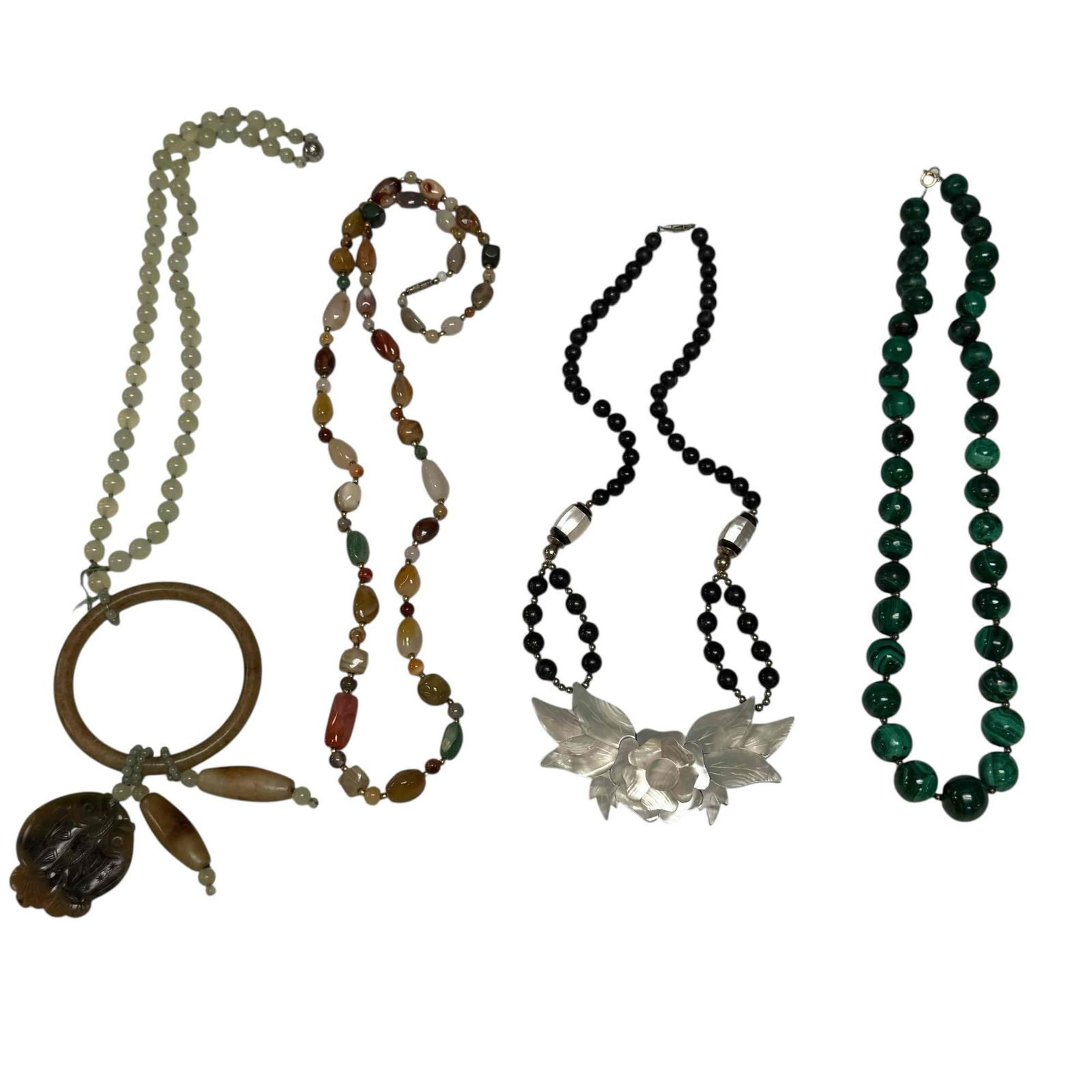 Chinese Jade Malachite Agate & Mother or Pearl Beaded Necklaces (4): Carved jade beaded necklace with fish on halo pendant necklace 24" long, agate multi-stone "beggar bead" necklace 36" long, mother of pearl carved flower pendant necklace 22" long and heavy green bead