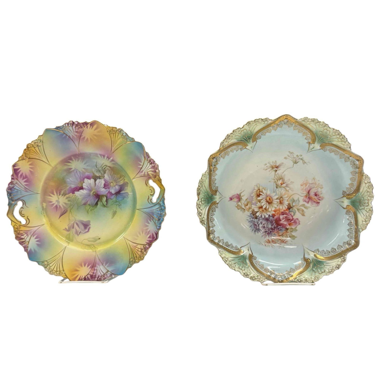 R.S. Prussia "Clematis" Cabinet Plate and Floral Serving Bowl (2): Circa 1900 R.S. Prussia porcelain serving bowl with scalloped edge and floral centerpiece 3" tall by 10.75" diameter accompanied with colorful purple, yellow and blue "Clematis" pierced cabinet plate