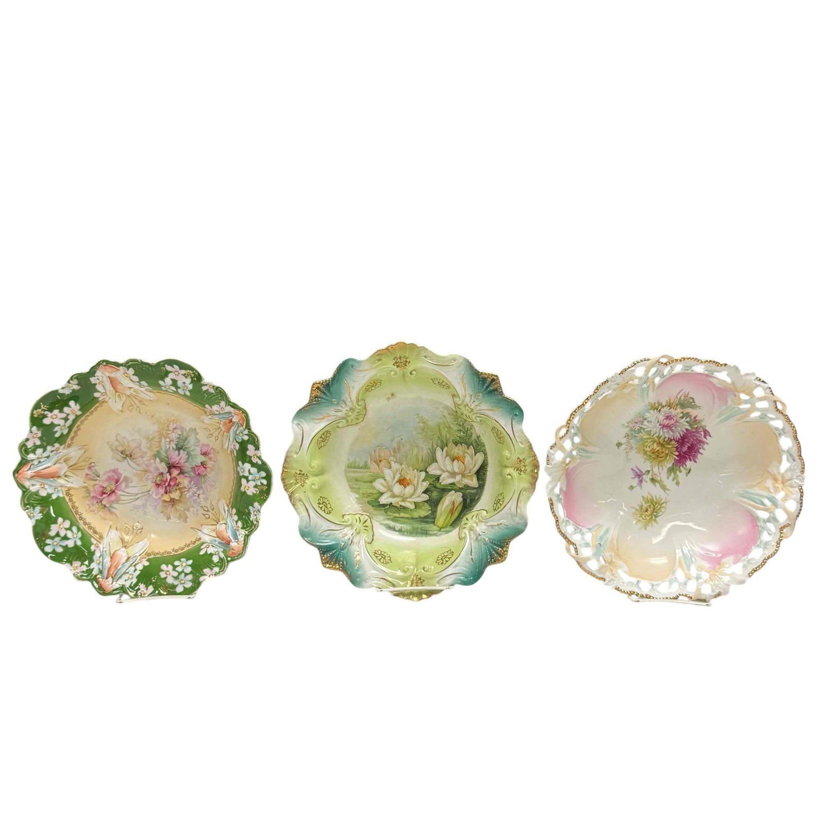Art Nouveau Hand Painted Porcelain Floral Serving Bowls (3): Royal Dresden pierced scalloped rim serving bowl with pink, yellow and white floral decor 2.75" tall by 10" diameter, art nouveau white water lily flowers on green background 3" tall by 10.5" diameter