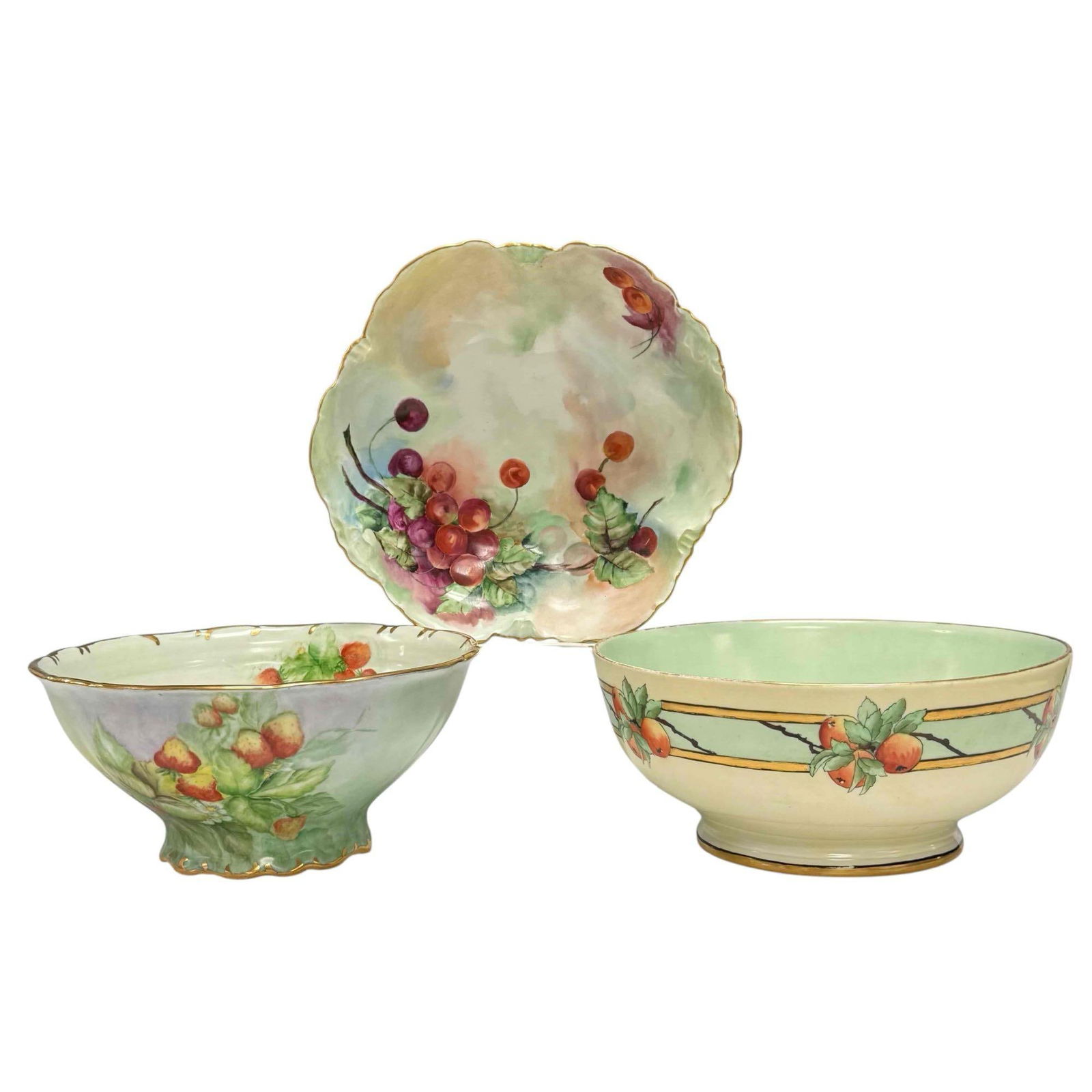 Hand Paint Fruit and Berry Motif Porcelain Serving Bowls (3): Bareuther Waldsassen footed strawberry bowl 4.5" tall by 10" diameter, Rosenthal & Co. Versailles hand painted scalloped edge low bowl with cherries and leaves decor 2.25" tall by 10.75" diameter