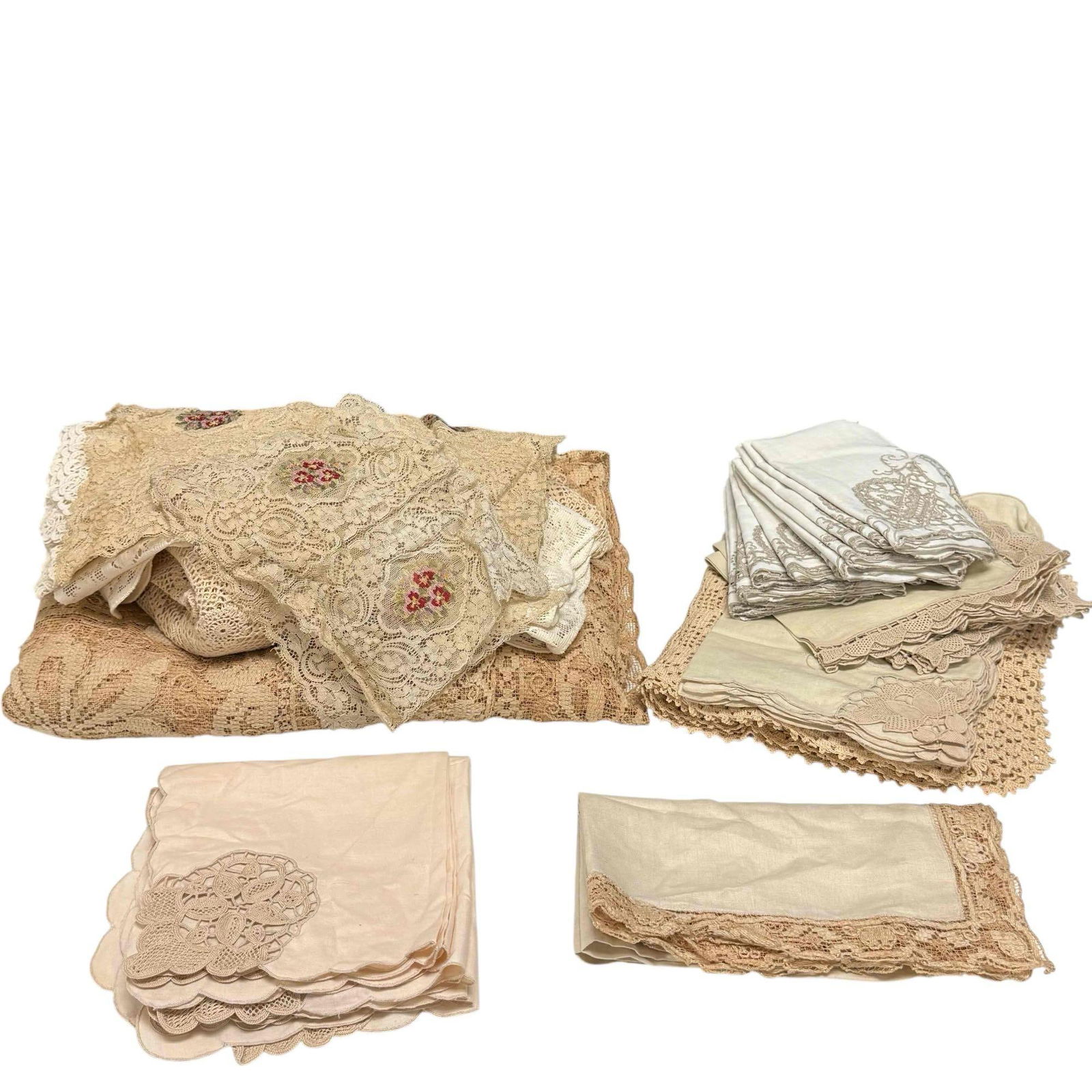 Assorted Table Textiles - Napkins, Table Runners, Tablecloths,: Set of 12 - 16" x 16" White vintage linen napkins with beige cutwork embroidery along the scalloped edge. Set of 8 - 15" x 15" cream colored linen napkins with beige embroidered corner. Has some light