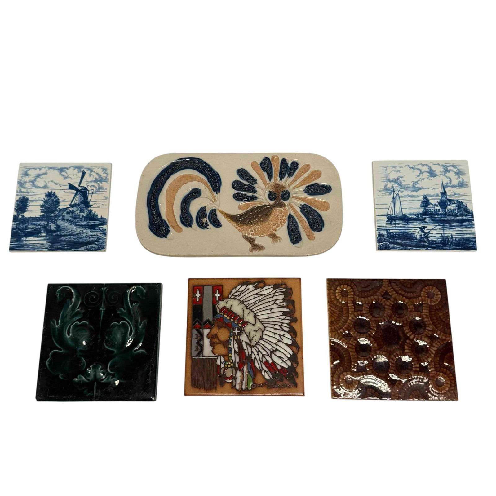 Hand Painted Kiln Fired Glazed Ceramic Tiles (6): Cleo Teissedre Indian Chief cameo tiles 6"x6", two blue Delft Holland tiles 5.25"x5.25", MCM Bennington Potters owl/bird oblong tile 11.5" by 6.25", art nouveau hibiscus deep green tile 6"x6" and 1880