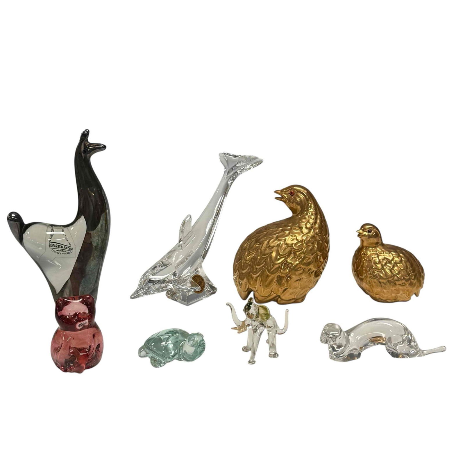 Glass and Crystal Animal Figurine Lot: Collection of various animals, shapes and material. Got Glass elephants, crystal dolphins from Cristal D Arques of France, Made land glass outer, ceramic gold-plated quails, turtle and a pig. Glass si