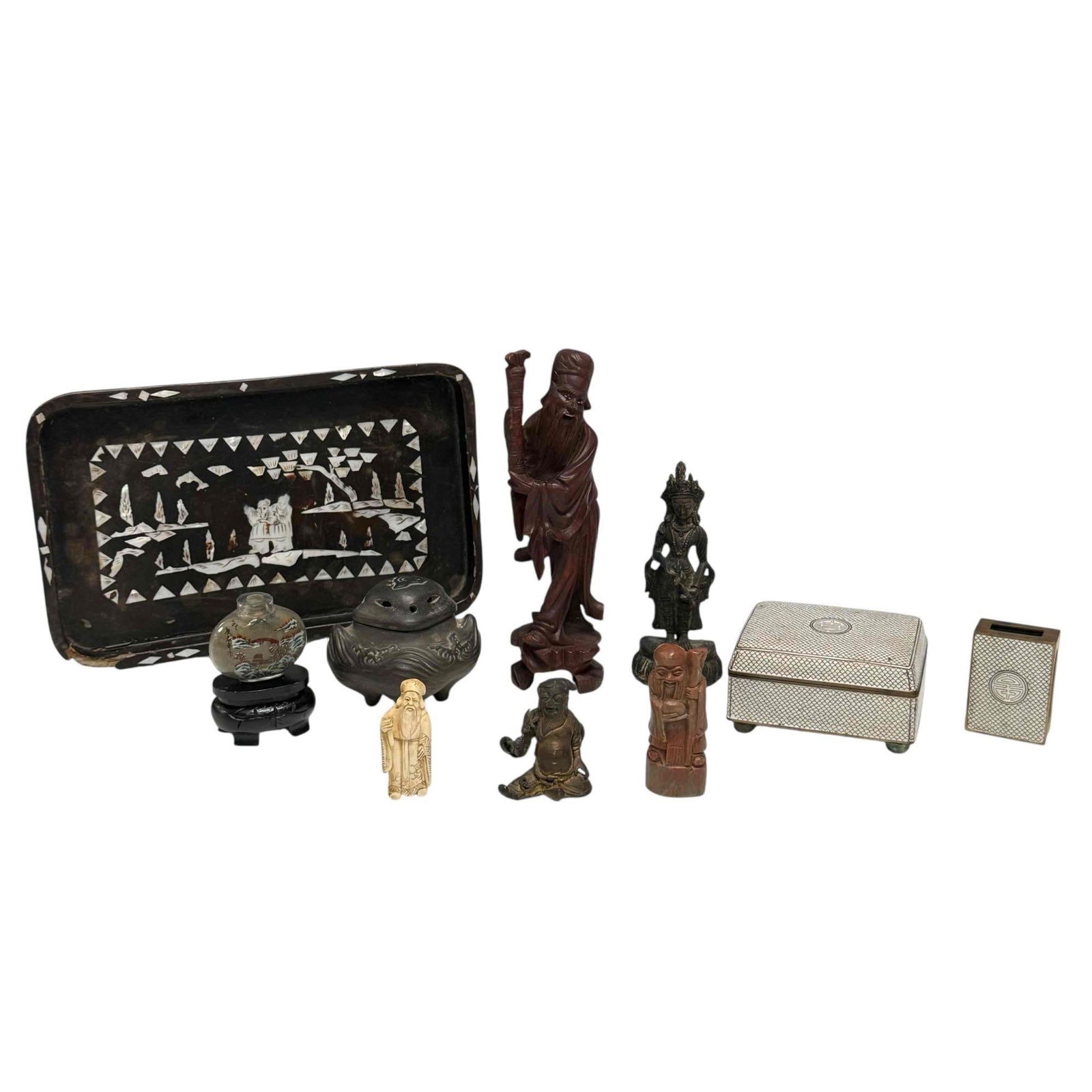 Asian Collection Lot: Collection of miscellaneous collection of Asian figurines. Buddha, Tibetan, Chinese various shapes and styles. Teakwood, marble, glass, brass, cast, bone. Copper enameled trinket box. Porcelain incens