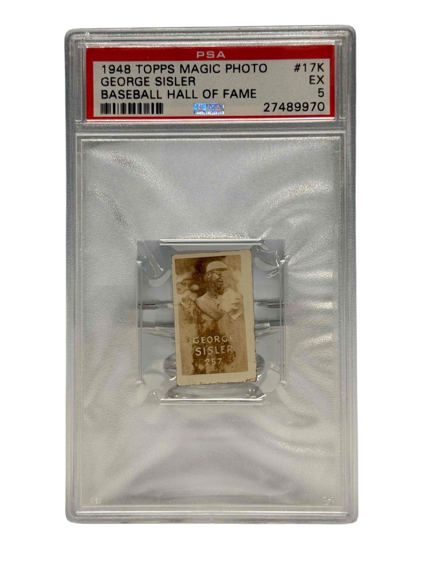 1948 Topps Magic Photo George Sisler - Grade PSA 5: Card #17K is graded EX 5 by PSA. A very difficult card to find in quality condition! Topps first year making cards and they issued this Baseball Hall of Fame series.