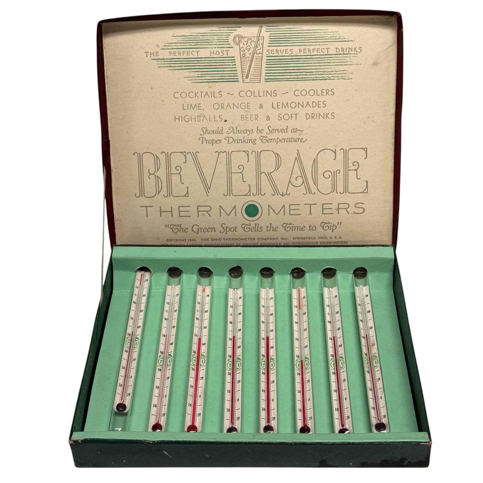 Ohio Thermometer Company Beverage Swizzle Sticks (8): Set of eight Ohio Thermometer Company glass thermometer drink stirrers or swizzle sticks. Appear unused in original packaging fitted box. Measuring approx. 6.25" long, in good condition, see photos.
