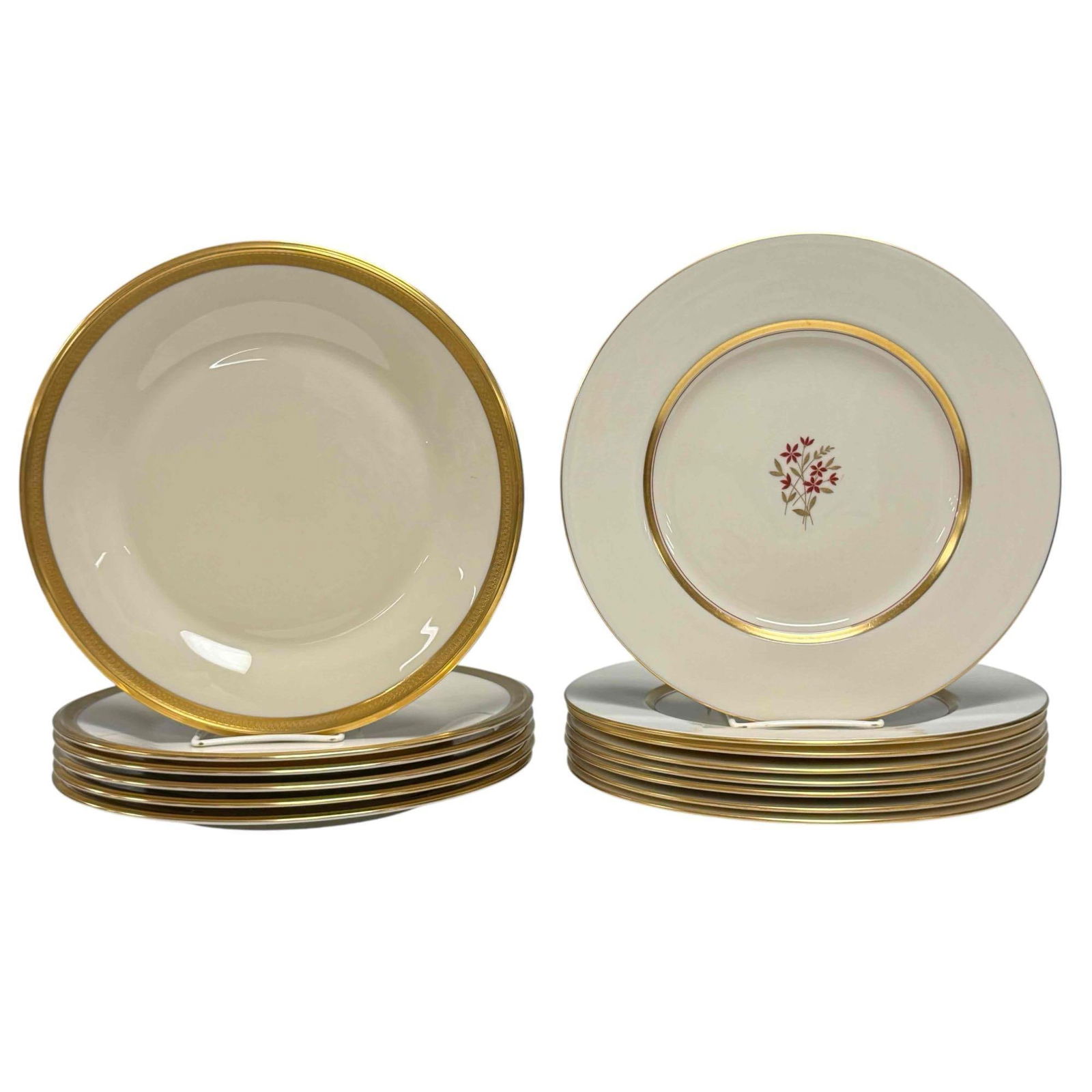Lenox "Nydia Pattern "MCM " Dinner Plates (14): Lenox "Nydia" pattern dinner plates on ivory base with red and gold floral center and gold accents. Measuring approx. 10.5" diameter. In good age appropriate condition with no breaks or chips, see pho