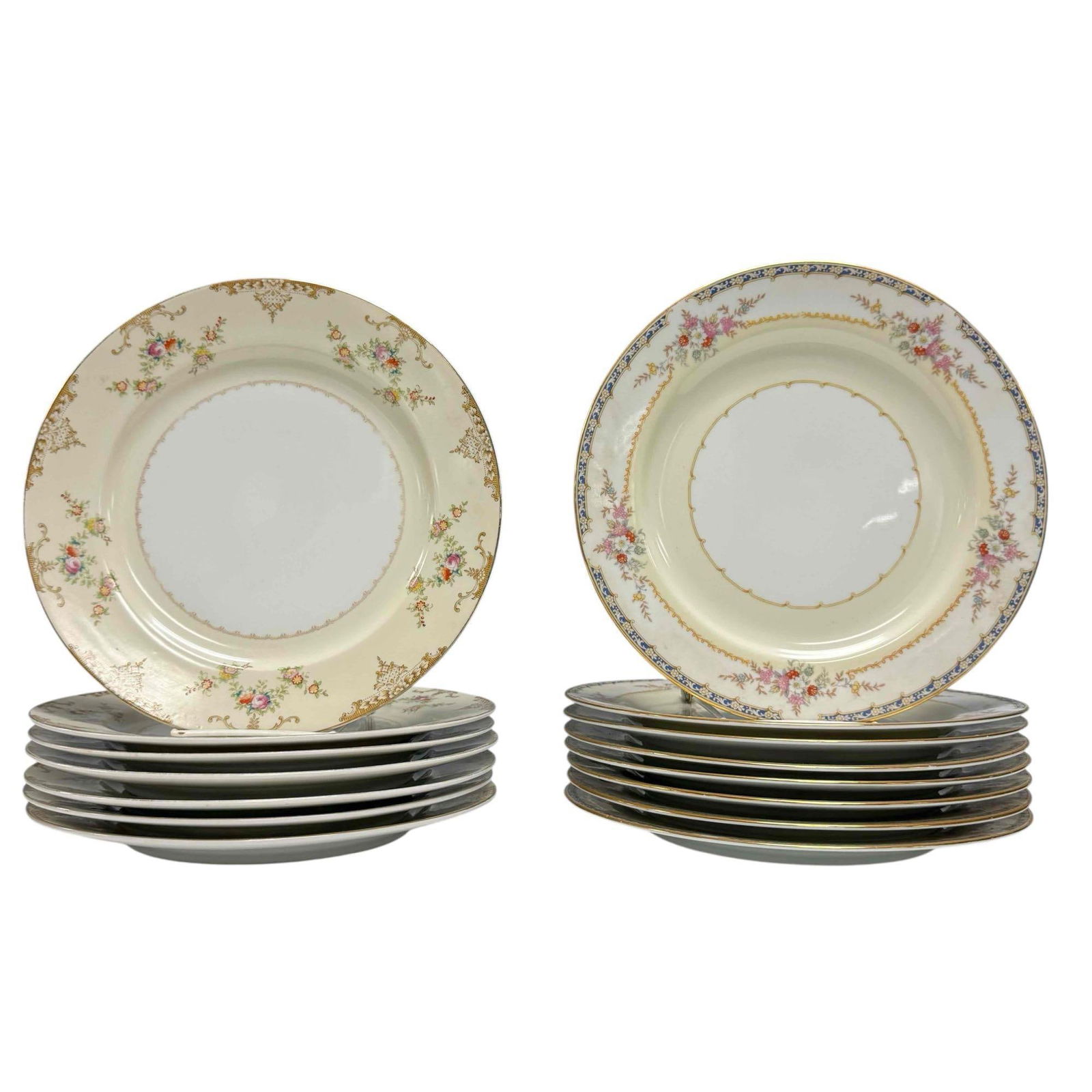 Meito and Noritake Fine China Dinner Plates (15): Noritake set of eight "Trainon" floral pattern with scrolled gold edge 10" diameter and Meito "Marie" cream background with floral decor 10" diameter. In good condition with no chips or breaks noted,