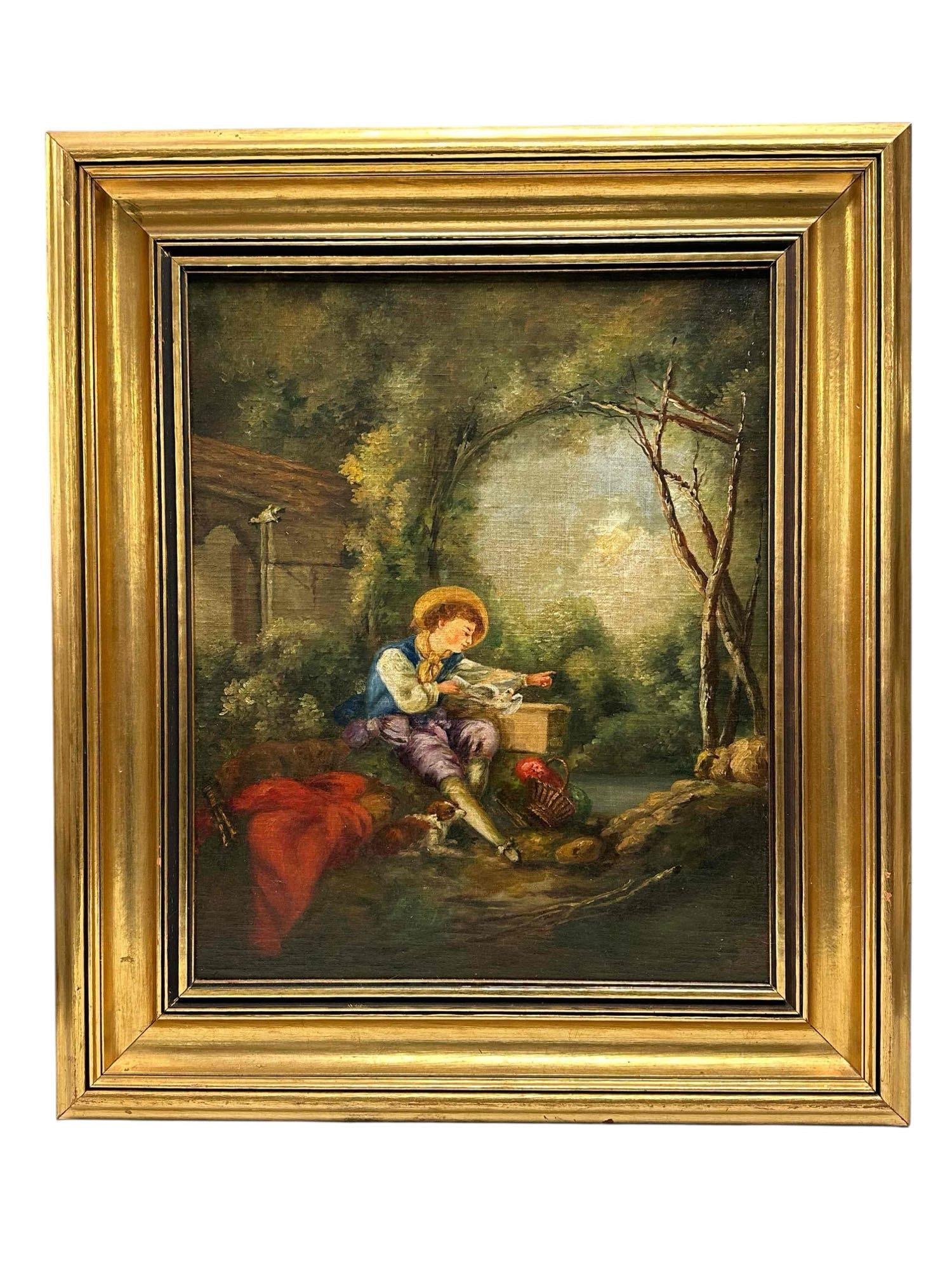 Early 20th C. French School Oil on Artisan Panel: ca. 1920-30's French School oil painting on board. Showcasing a seated young fella with his dog, picnic basket and a white dove near a stream. Unsigned, measuring approx 30" h x 26" w overall and 22"