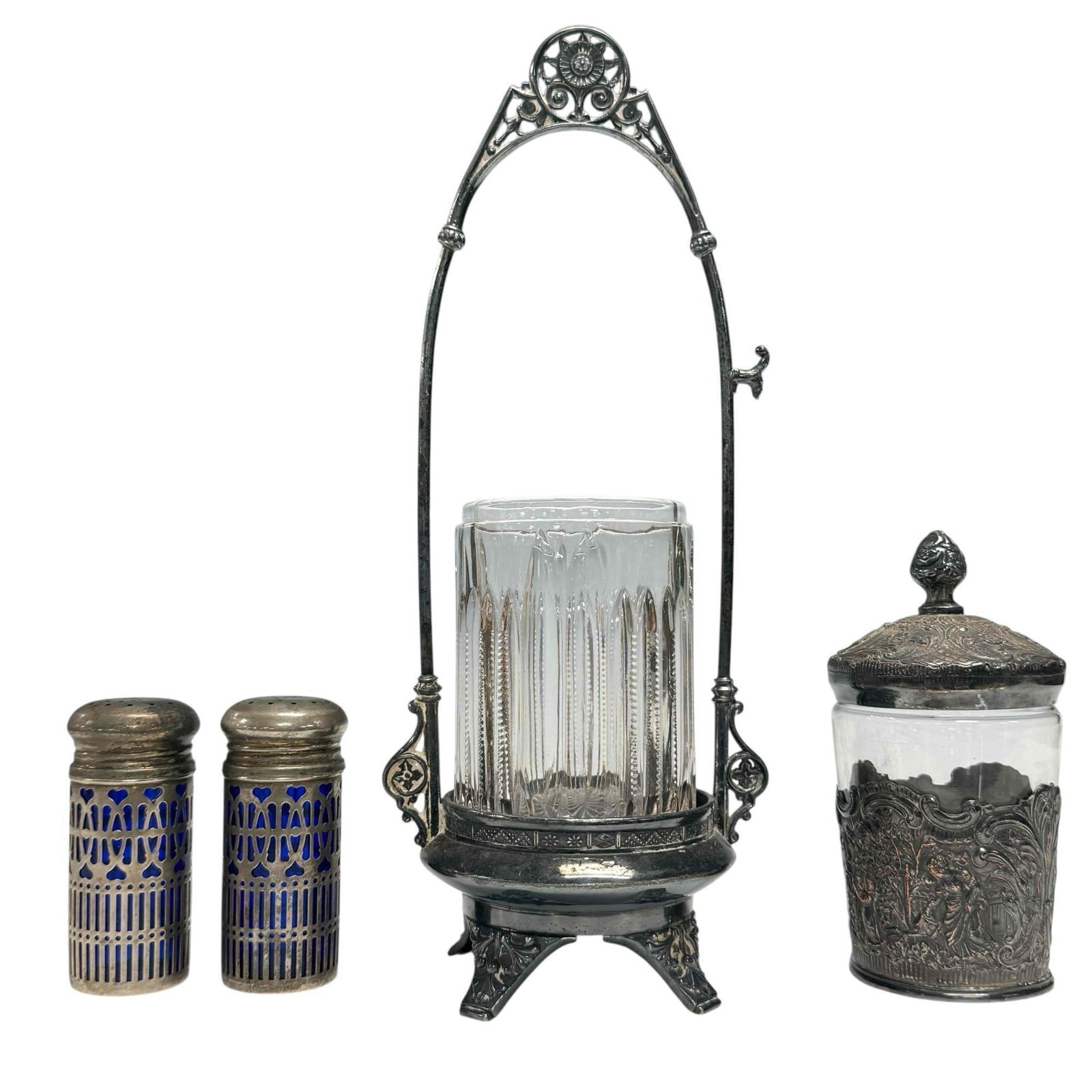Victorian Pickle Castor Salt Shakers and Repousse Lidded Jar (4) (1 of 20)