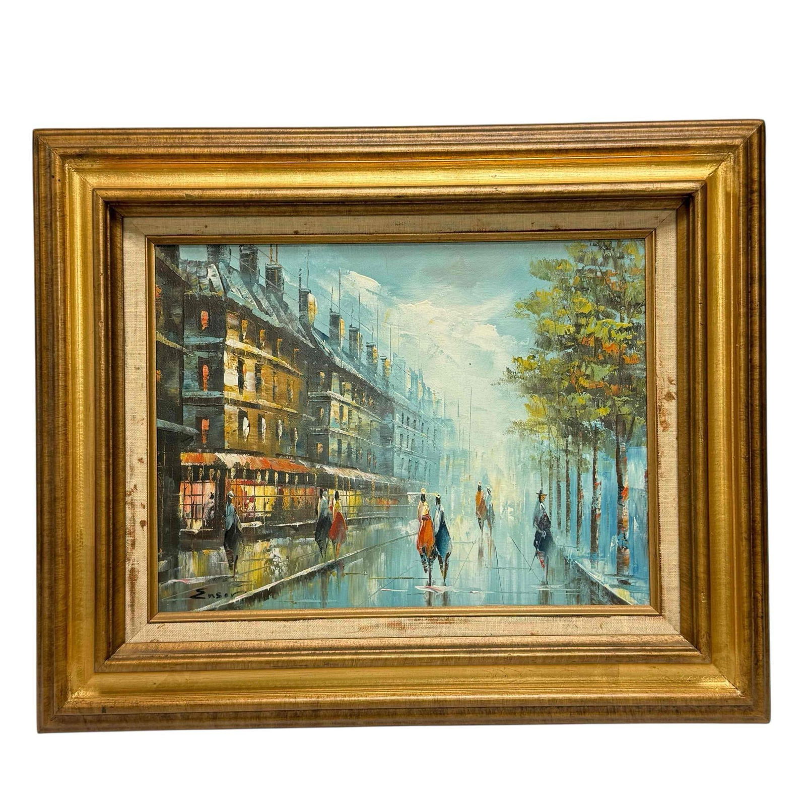 Impressionistic Paris Street Scene Oil on Canvas Painting Signed: Impressionistic city-scape oil on canvas painting of Paris street life. Professionally framed and matted in multi dimensional gold frame. Measuring approx. 19.25" tall by 23.25" wide. In good age appr