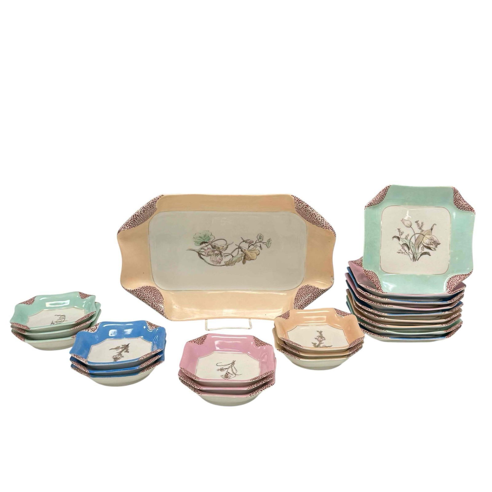 Haviland and Co. Limoges Pastel & Leopard Print Porcelain Dessert Dishes: Haviland & Co. Limoges porcelain pastel pink, teal, blue and peach and leopard print fruit or dessert dishes. Includes; 12 octagonal bowls 5.25" by 5.25", 9 octagonal plates 6.75" by 6.75" and oct