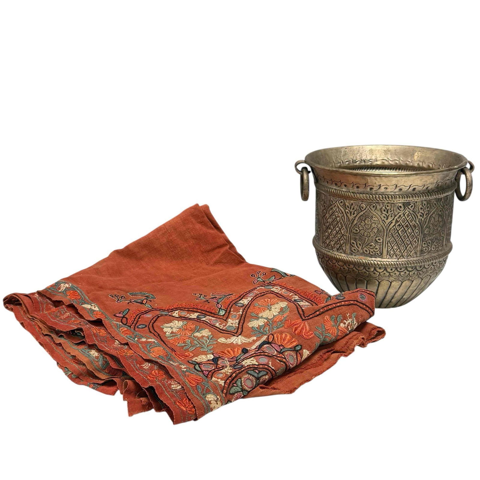 Vintage INDIA Vessel with Hand Decorated Textile / Fabric: Turkish and India group with hoop handled bucket and cultural textile. Good condition, no issues, see photos. Bucket approx 9.75" h x 10.5" x 10.5" diameter.