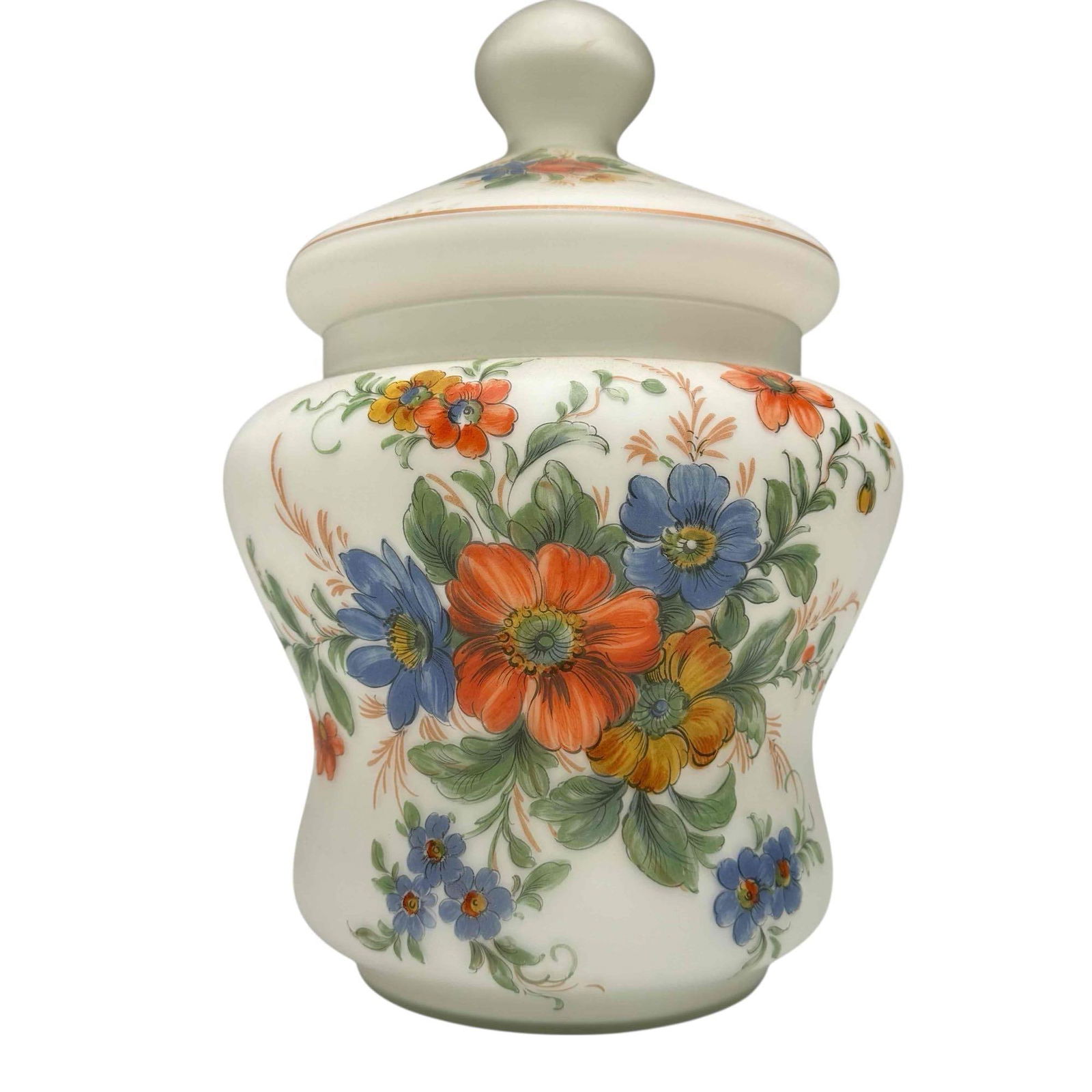Frosted Glass Lidded Vessel with Hand Painted Floral Motif (1 of 12)