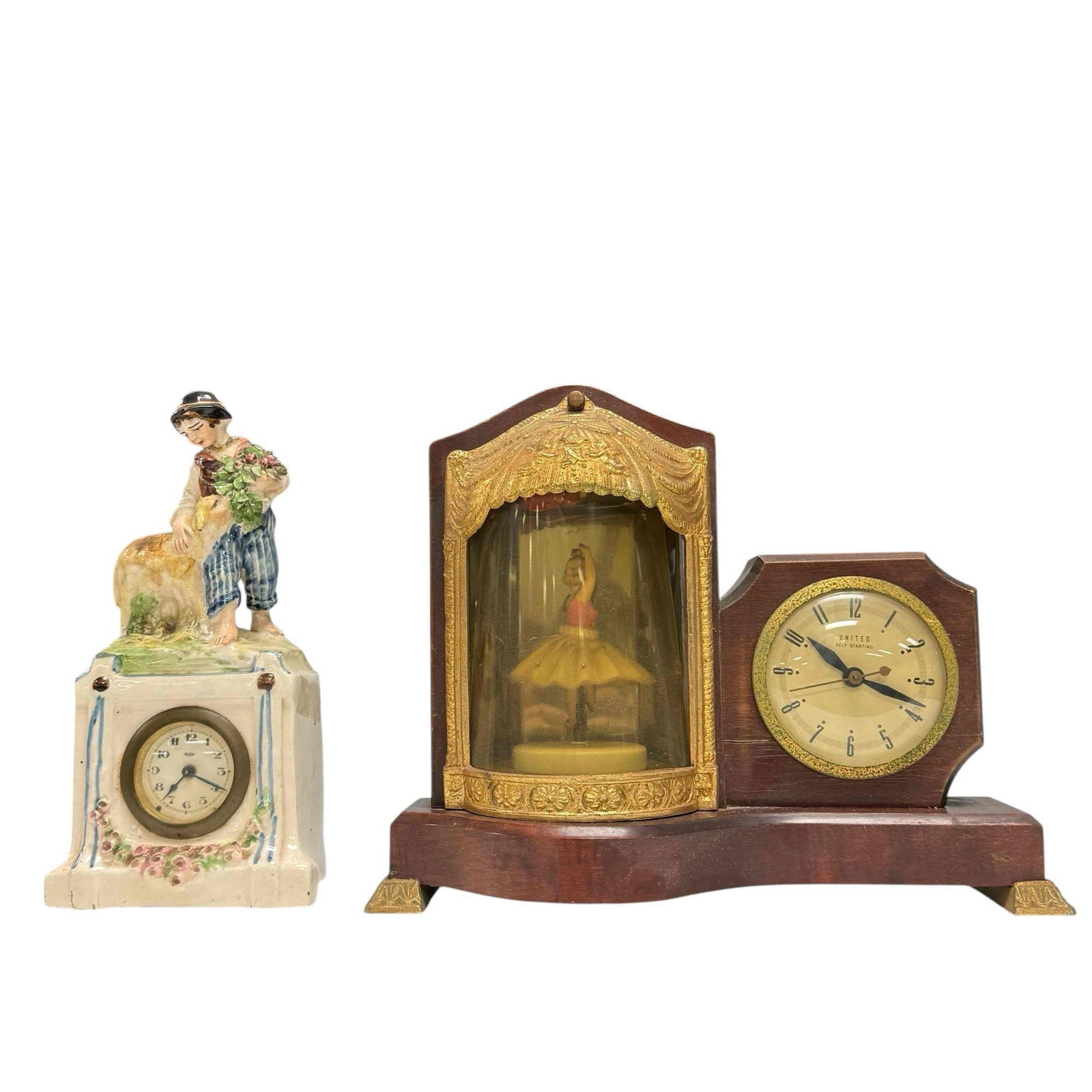 Two (2) Vintage Shelf / Mantle Clocks: Electric UNITED with musical lighted mechanical ballerina works, but not tested for accuracy and the other Italian ceramic clock young child with sheep (neck/head repair). United measuring approx 10"