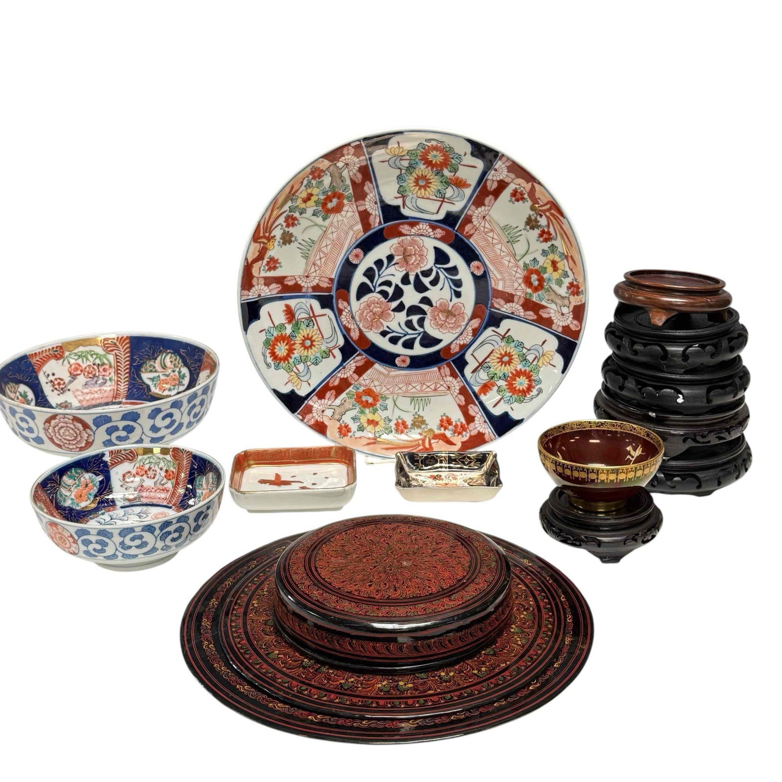 Chinese Porcelain Lacquerware Trays and Wooden Display Stands (1 of 19)