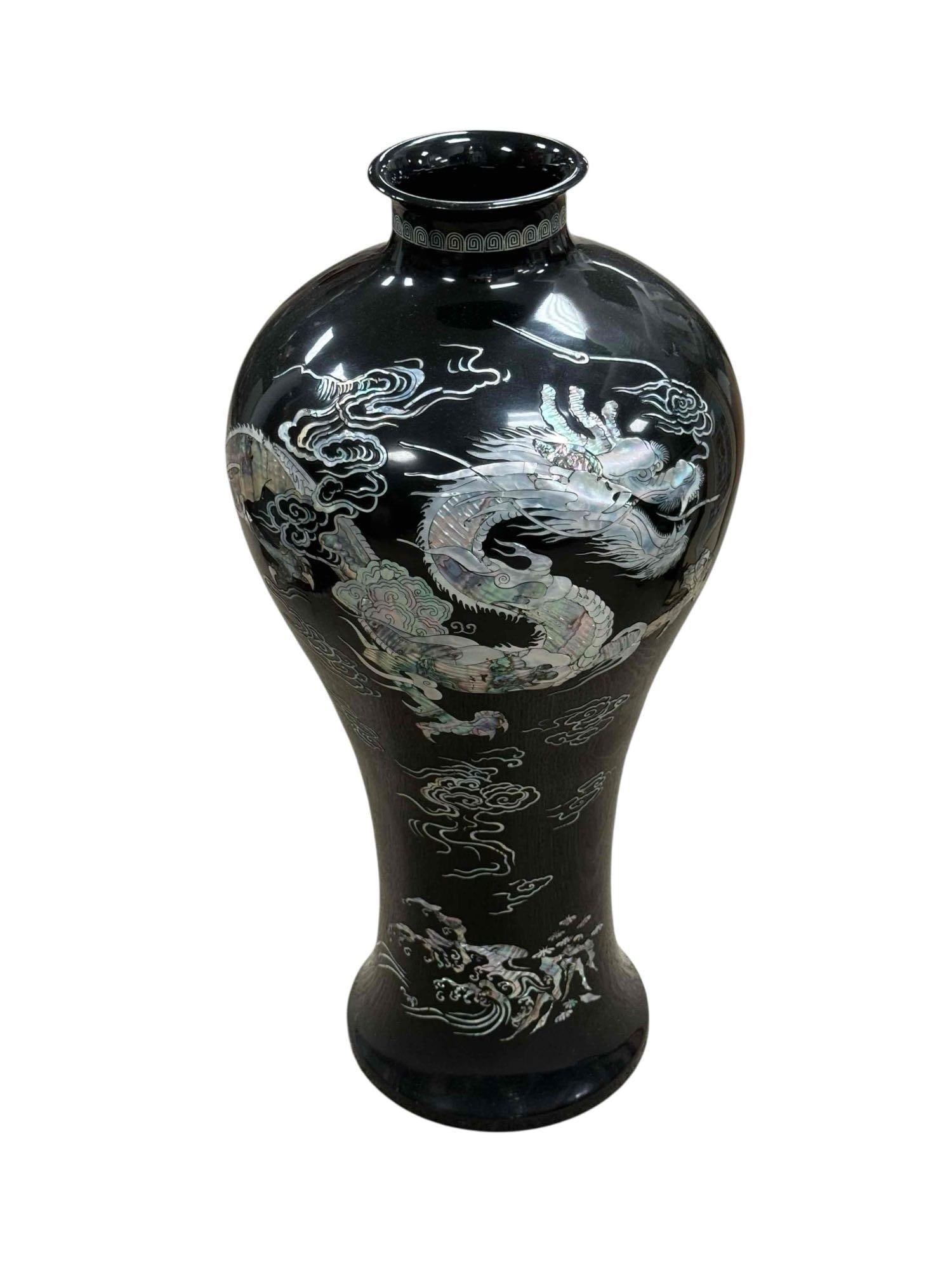 Large Black Lacquered Floor Vase with Mother of Pearl Dragon Inlay: Mid 20th designed floor vase, measuring approx 22" h x 14" x 14" diameter at shoulder. Good condition, light use and wear, overall, see photos