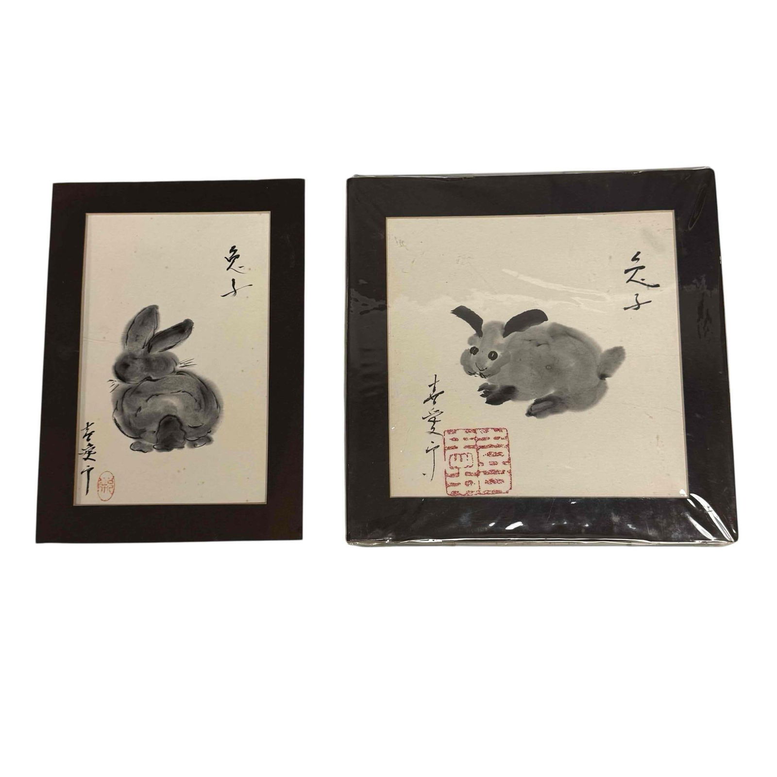 Two Signed 20th Century Japanese Water Color Rabbits: Unframed, larger measuring approx 10" x 10" overall and smaller 10" x 7". Light foxing and crease on smaller one as shown, larger very good no issues, overall good see photos