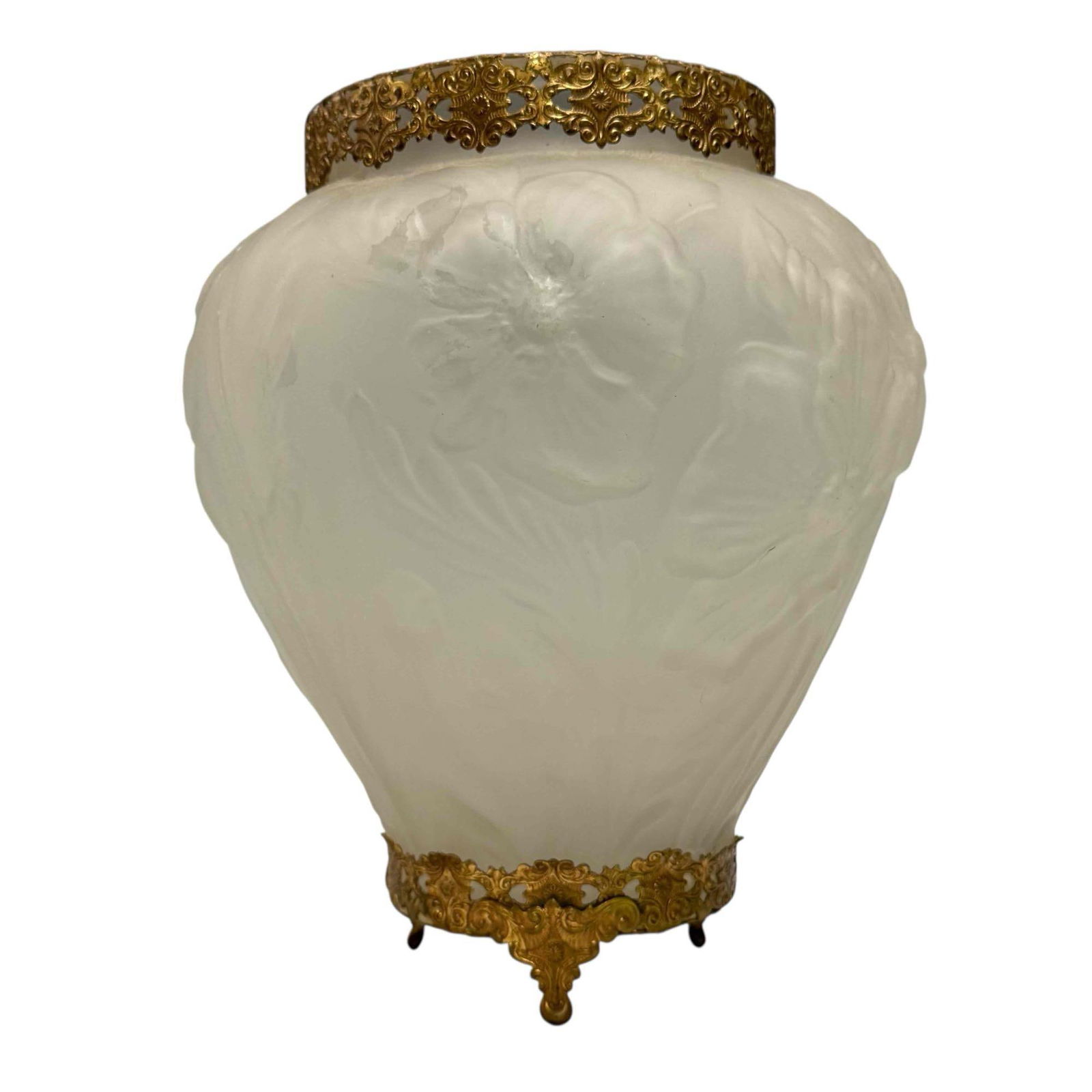 Antique Frosted Embossed Art Glass Vase - Ormolu Frame: Frosted art glass vase with detailed frame work on three petite feet. Measuring approx 8.5" h x 8.5" diameter. No issues, very good as shown, see photos. Likely consolidated glass co.
