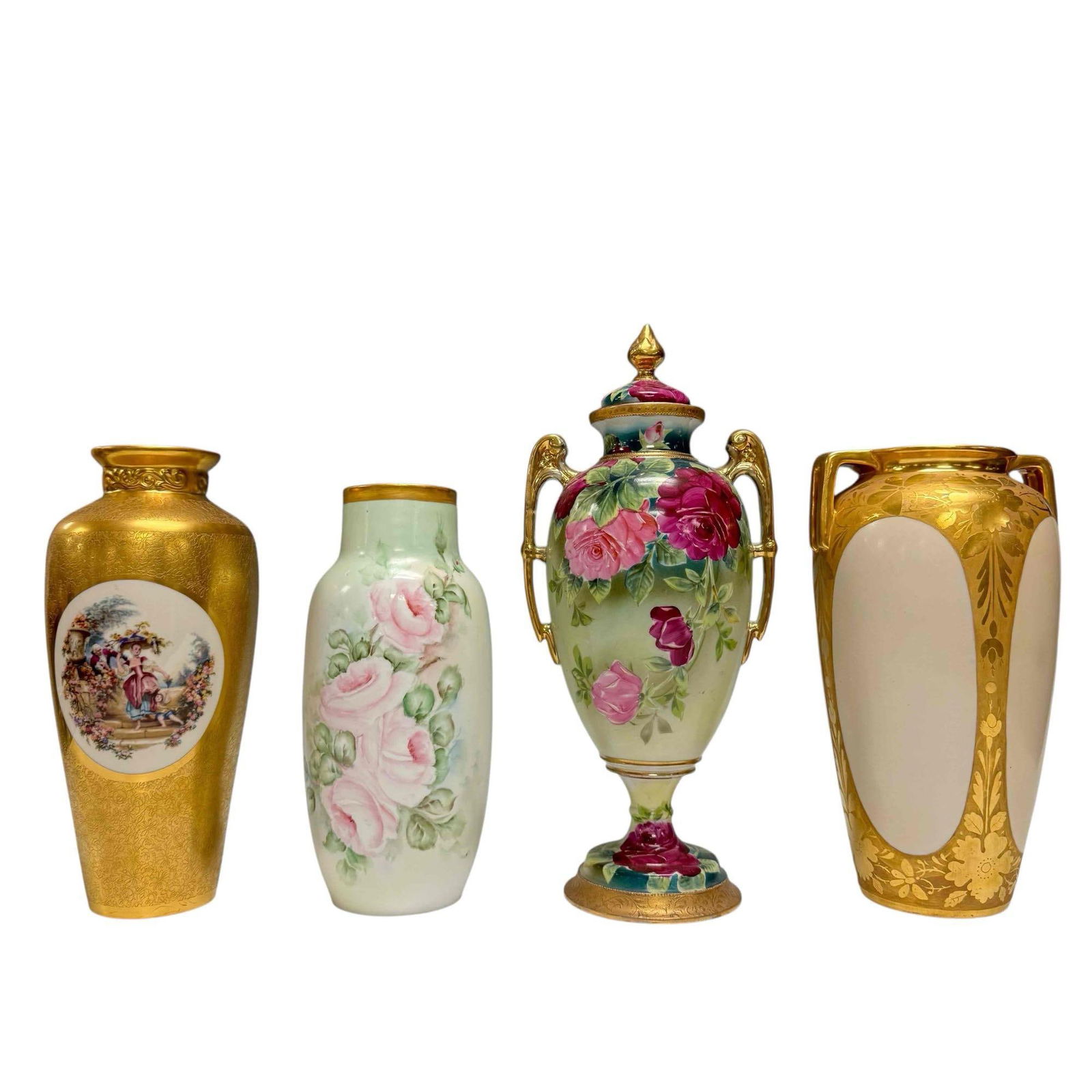Four Hand Painted and Decorative Porcelain Vases: Including etched gold double handled with oval cream panels approx 10.5" h unmarked, pink rose motif hand painted RS Germany 9.5" tall, Royal Nippon lidded urn pedestal vase approx 14" tall (lid damag