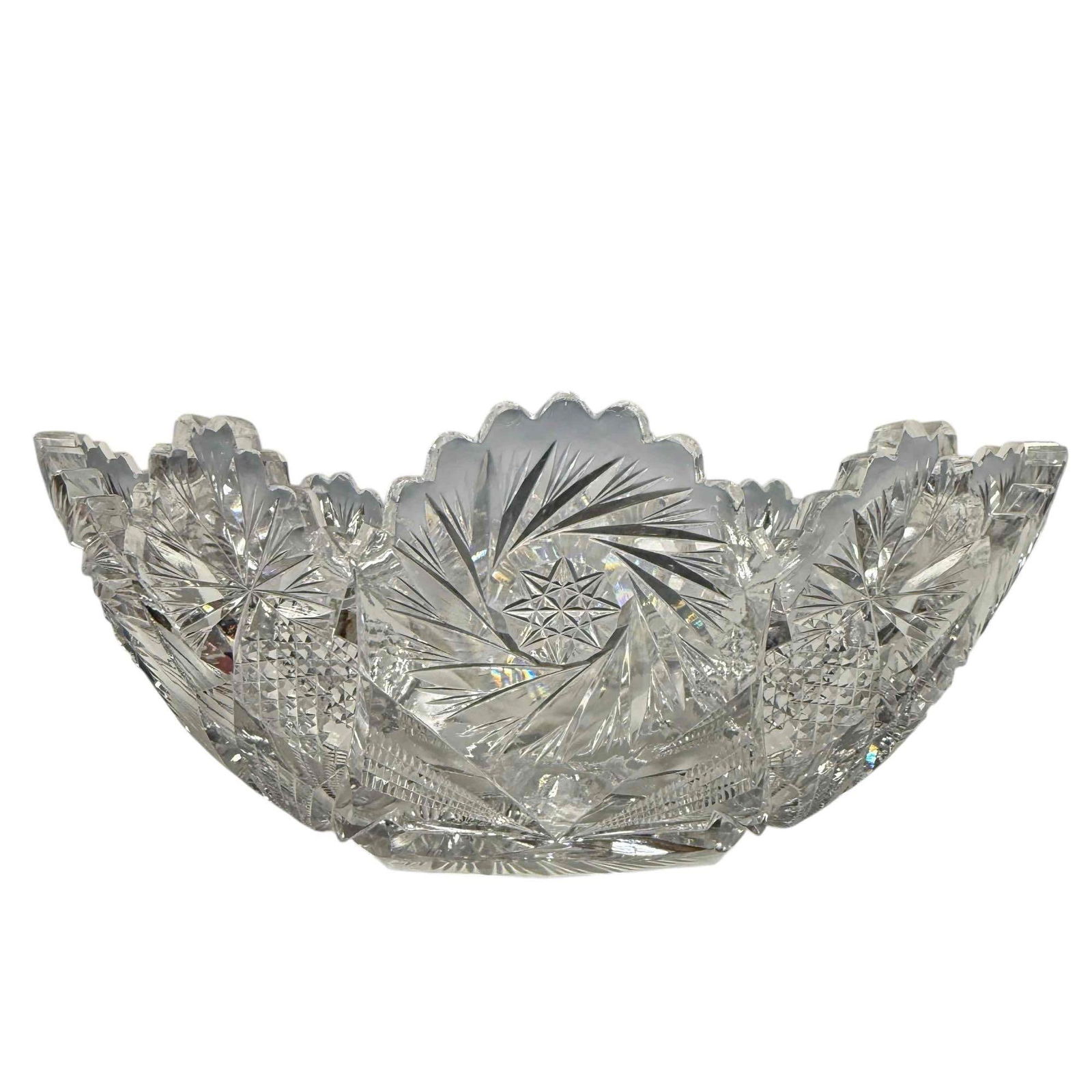 Hob star Zipper Cut ABP Cut Glass Center Bowl: Geometric design center hob star pattern centerpiece bowl with zipper cuts. Measuring approx. 11.5" wide by 4.5" tall. Having several chips and flea bite chips to teeth, see photos.