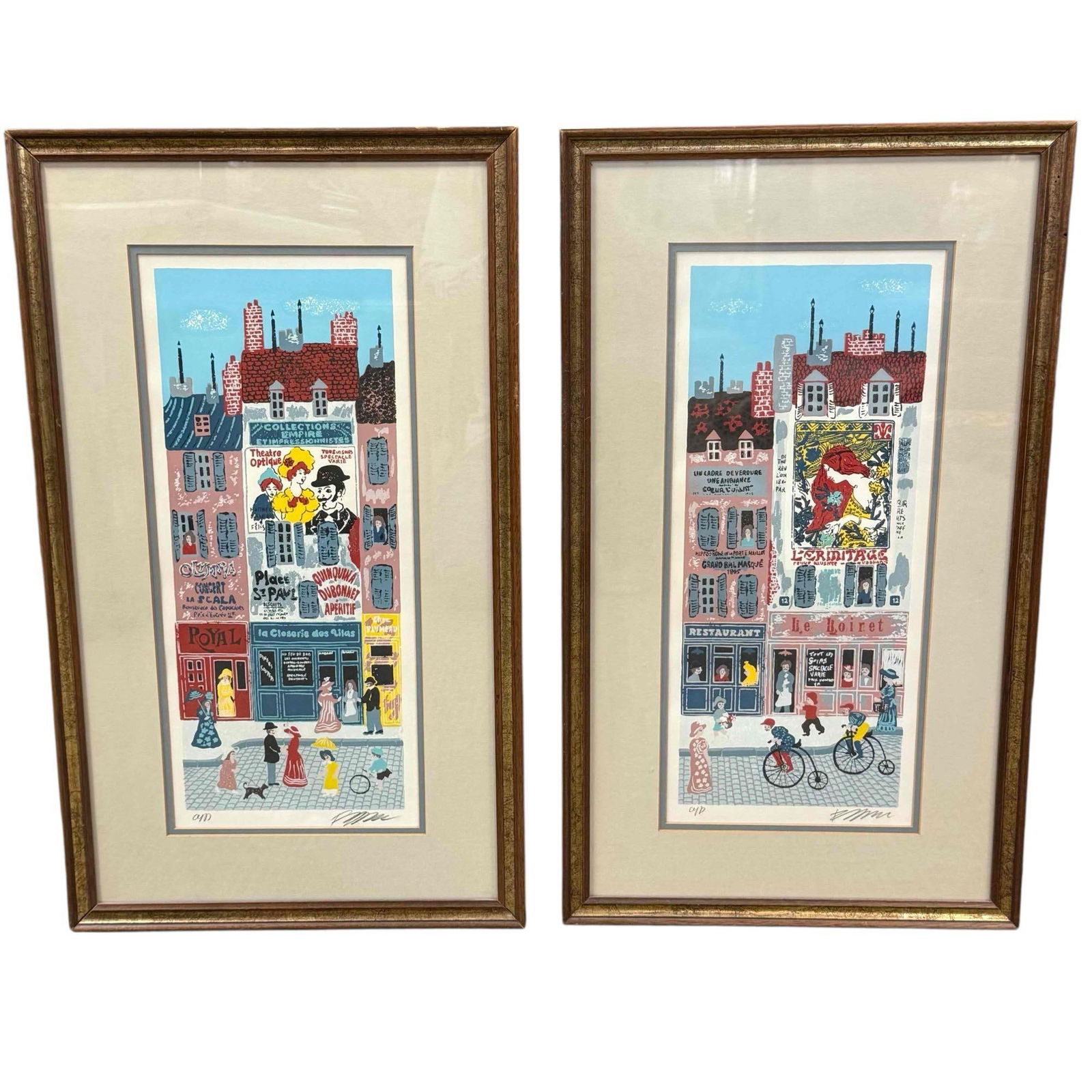 Pair of Josef Farhi (Israel,1933-1997) AP Serigraphs: A pair of French style street scenes, matted and framed by Josef Farhi (Israel,1933-1997) Artist's Proof Serigraphs pencil signed and measuring approx 29" h x16.5" w x 1" d. Good condition, light dust