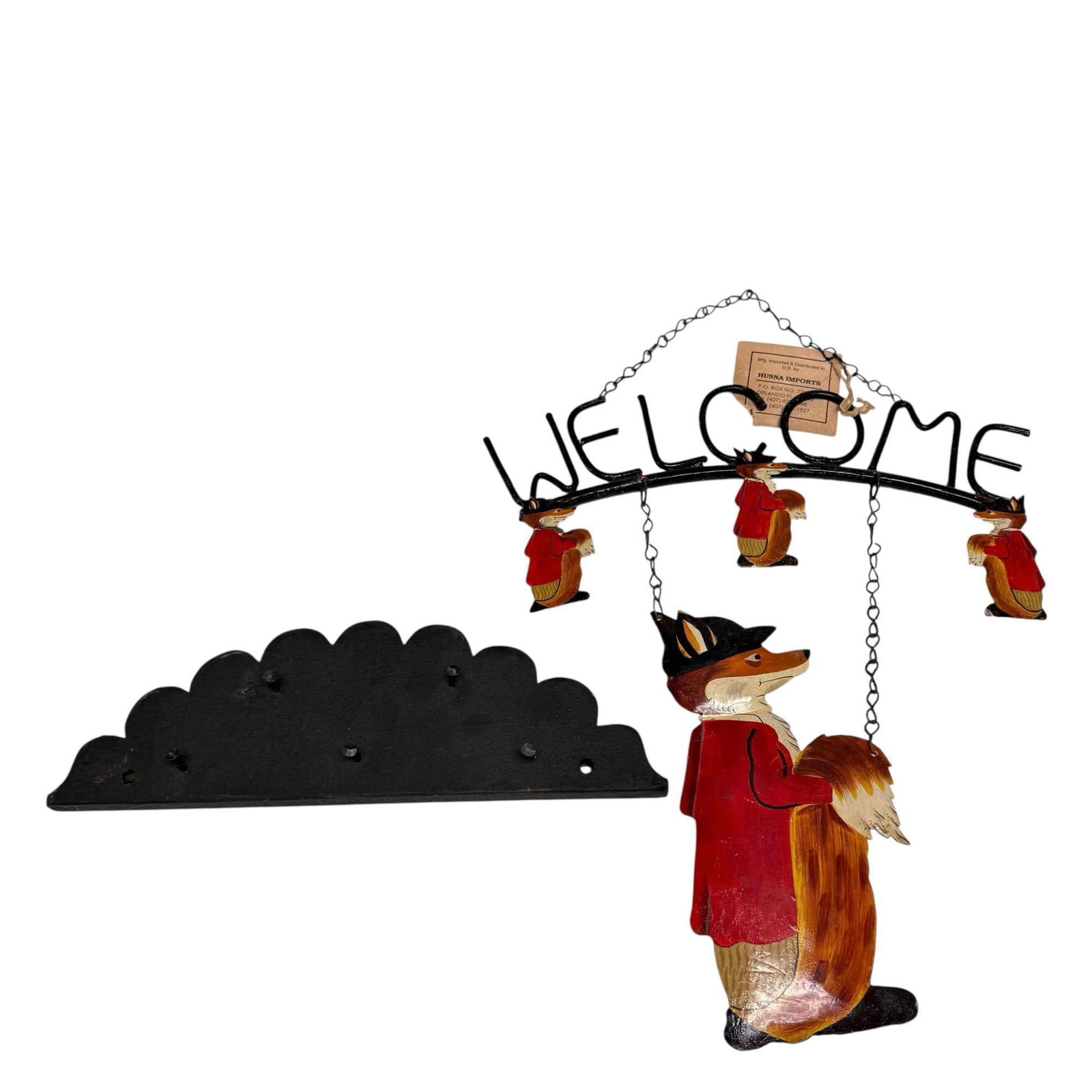 English Font Hunting WELCOME Sign and Wood Key Rack: Font hunting themed WELCOME hanging wrought iron sign with hand painting by Husna Imports, mid 20th century with original label as shown, light use and wear as shown, measuring approx 16" w x 22" h x